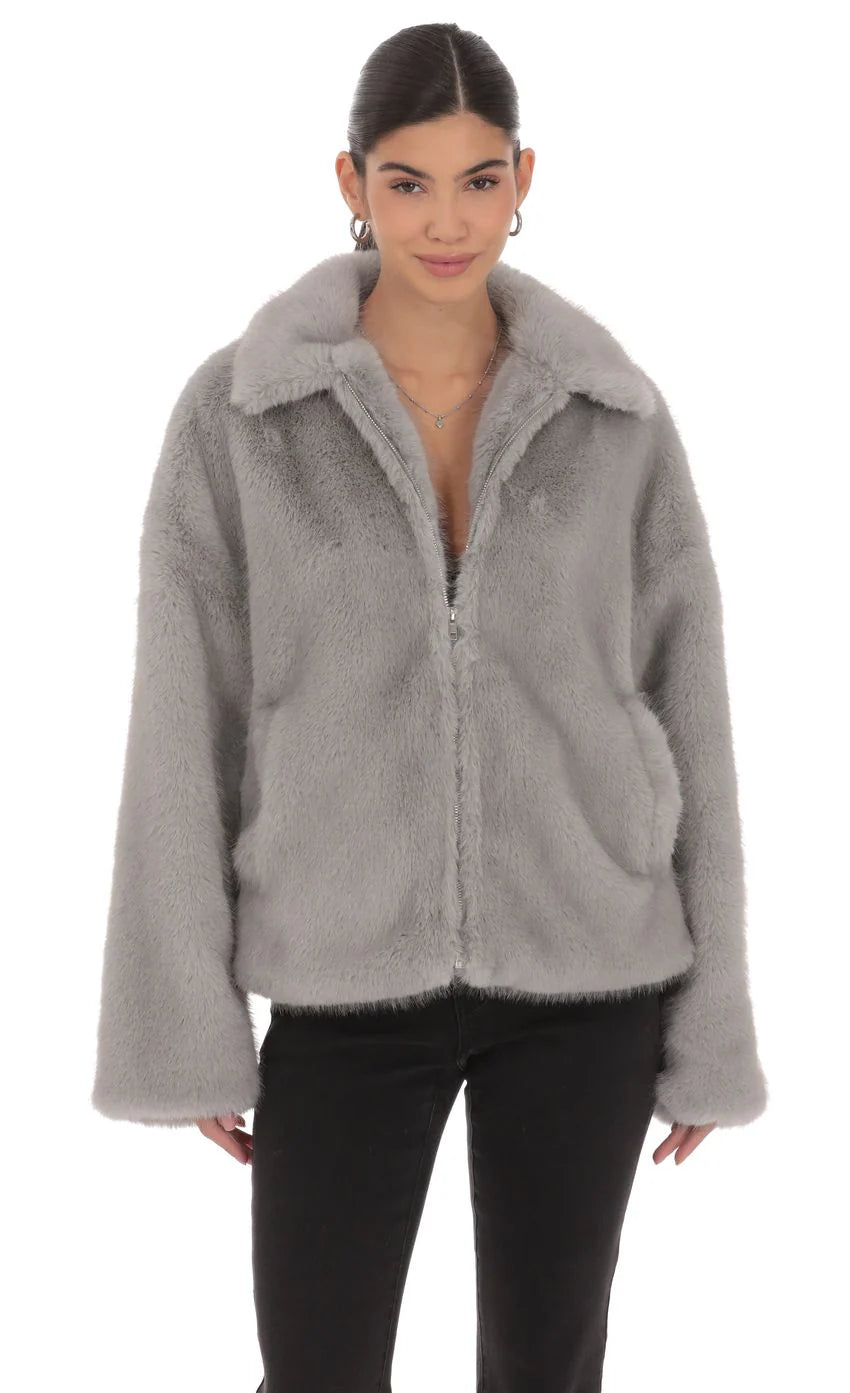 Zip Up Faux Fur Jacket in Grey