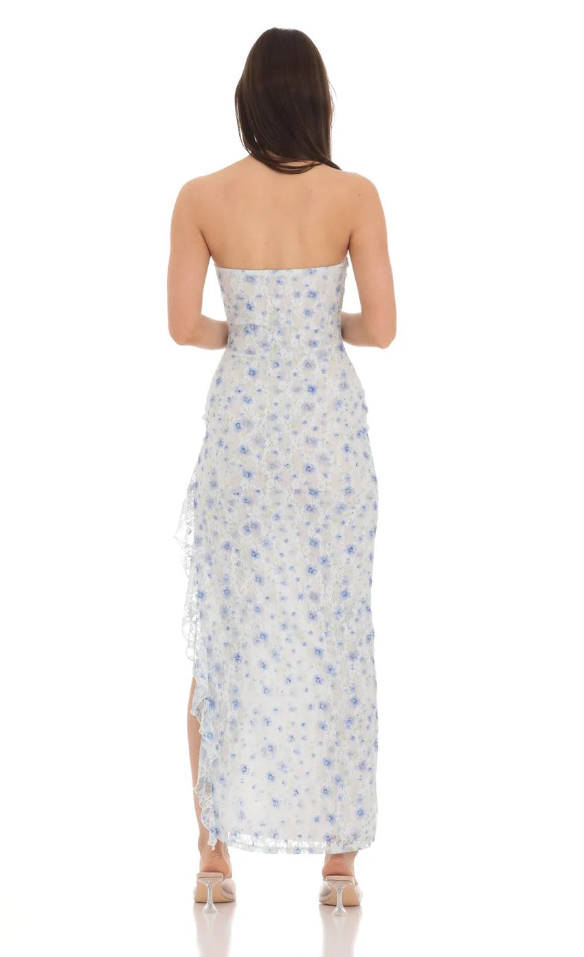 Strapless Floral Lace Ruffle Slit Dress in Pastel Blue