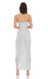 Strapless Floral Lace Ruffle Slit Dress in Pastel Blue