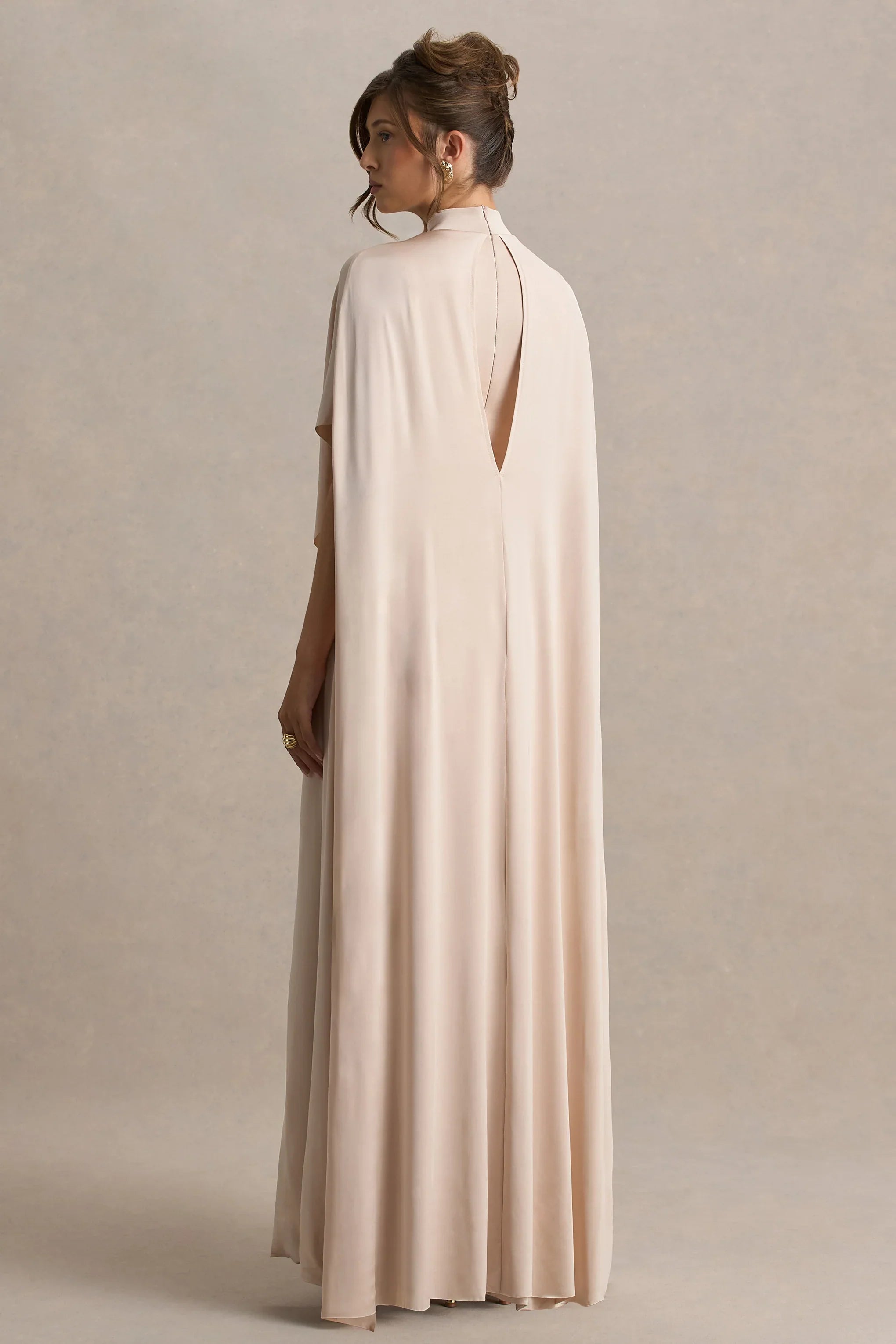 Olessia Champagne Belted Gathered Cape Sleeve Maxi Dress