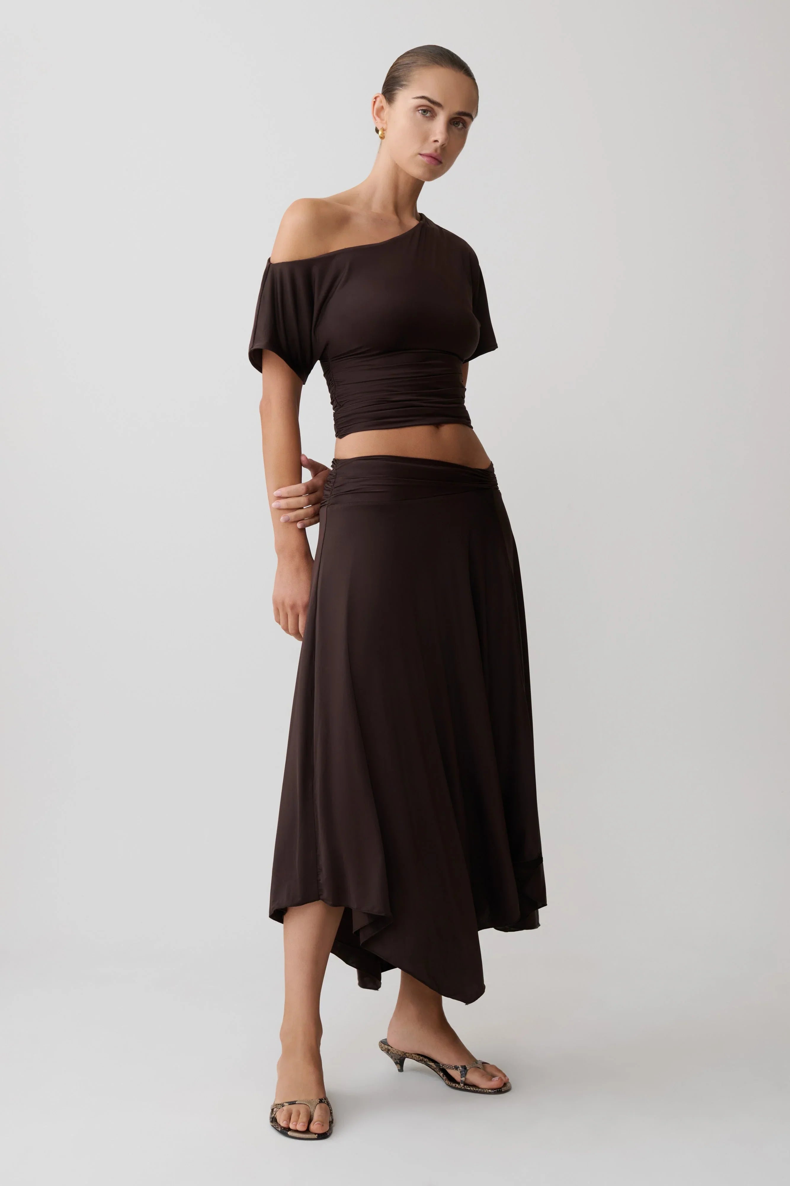 Luu Off Shoulder Slinky Top Dark Chocolate