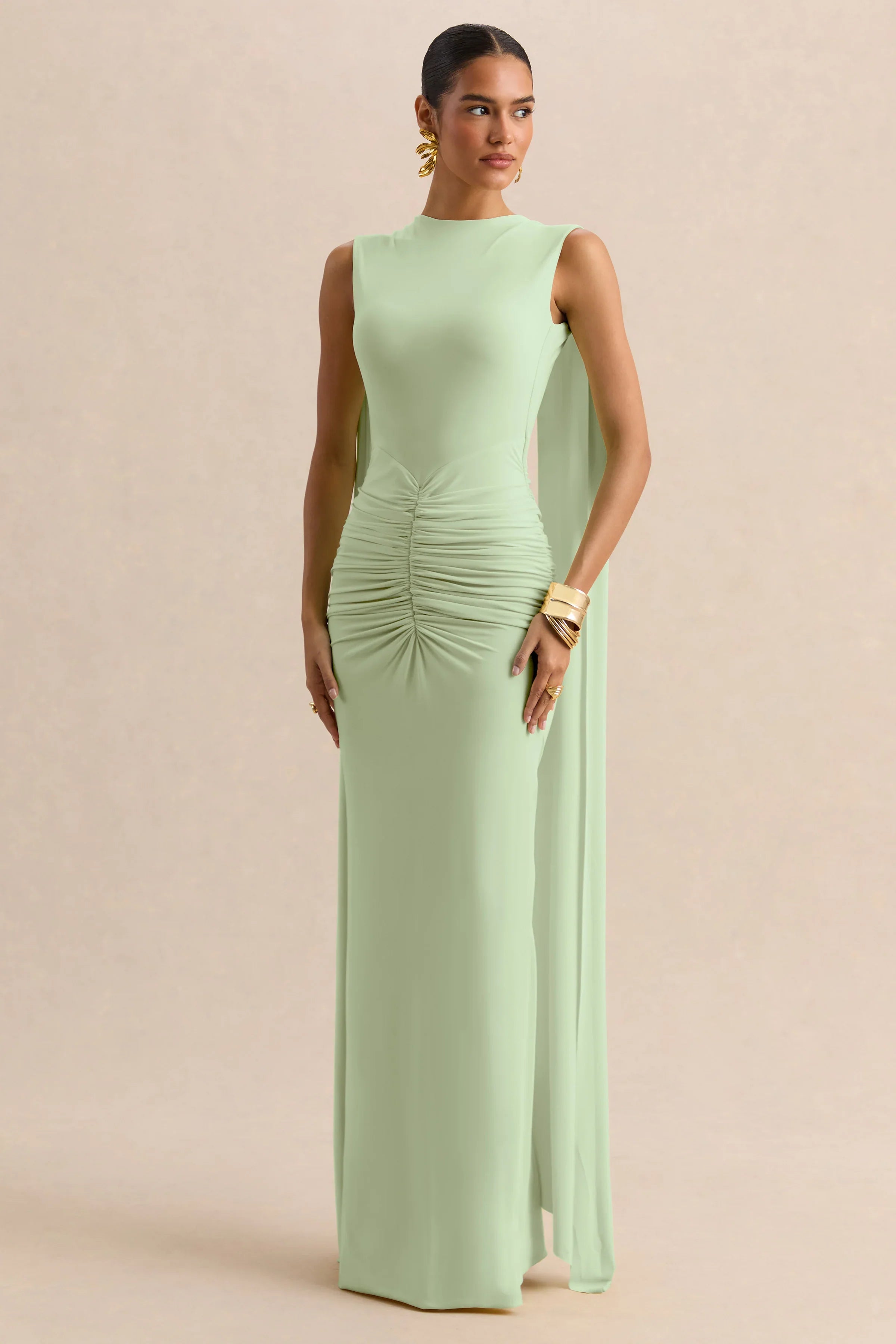 Premiere Mint Boat Neck Maxi Dress With Cape Sleeves And Open Back