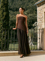 Chocolate Bandeau Asymmetric Detail Maxi Dress