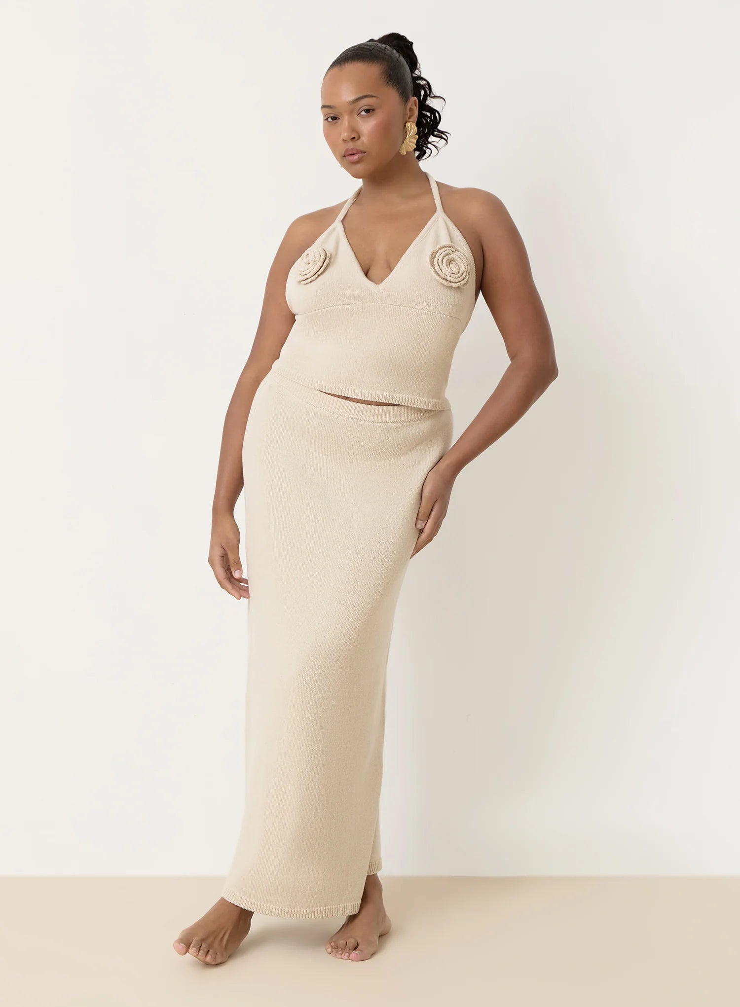 Cream Knit Corsage Halterneck Top