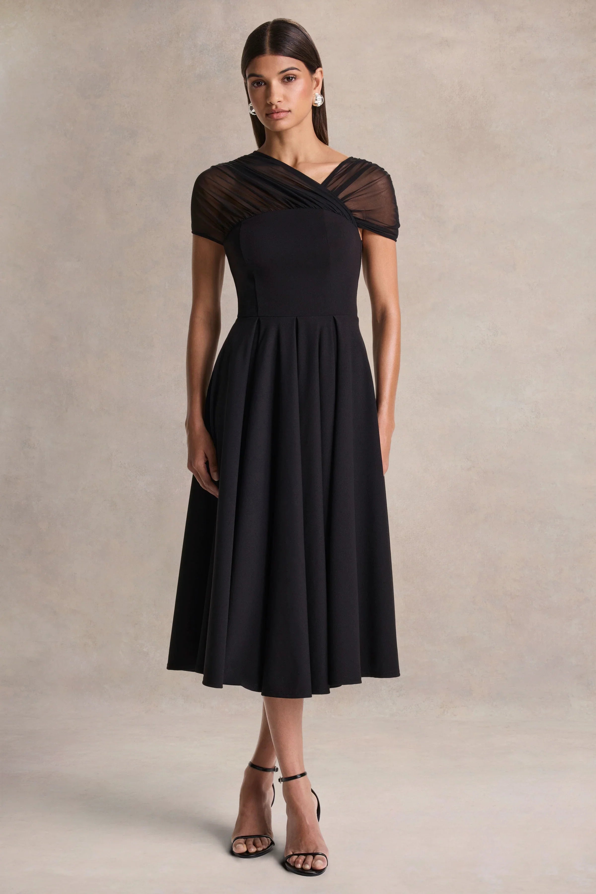 Rosette Black Asymmetric Neck Midi Dress