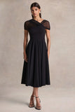 Rosette Black Asymmetric Neck Midi Dress