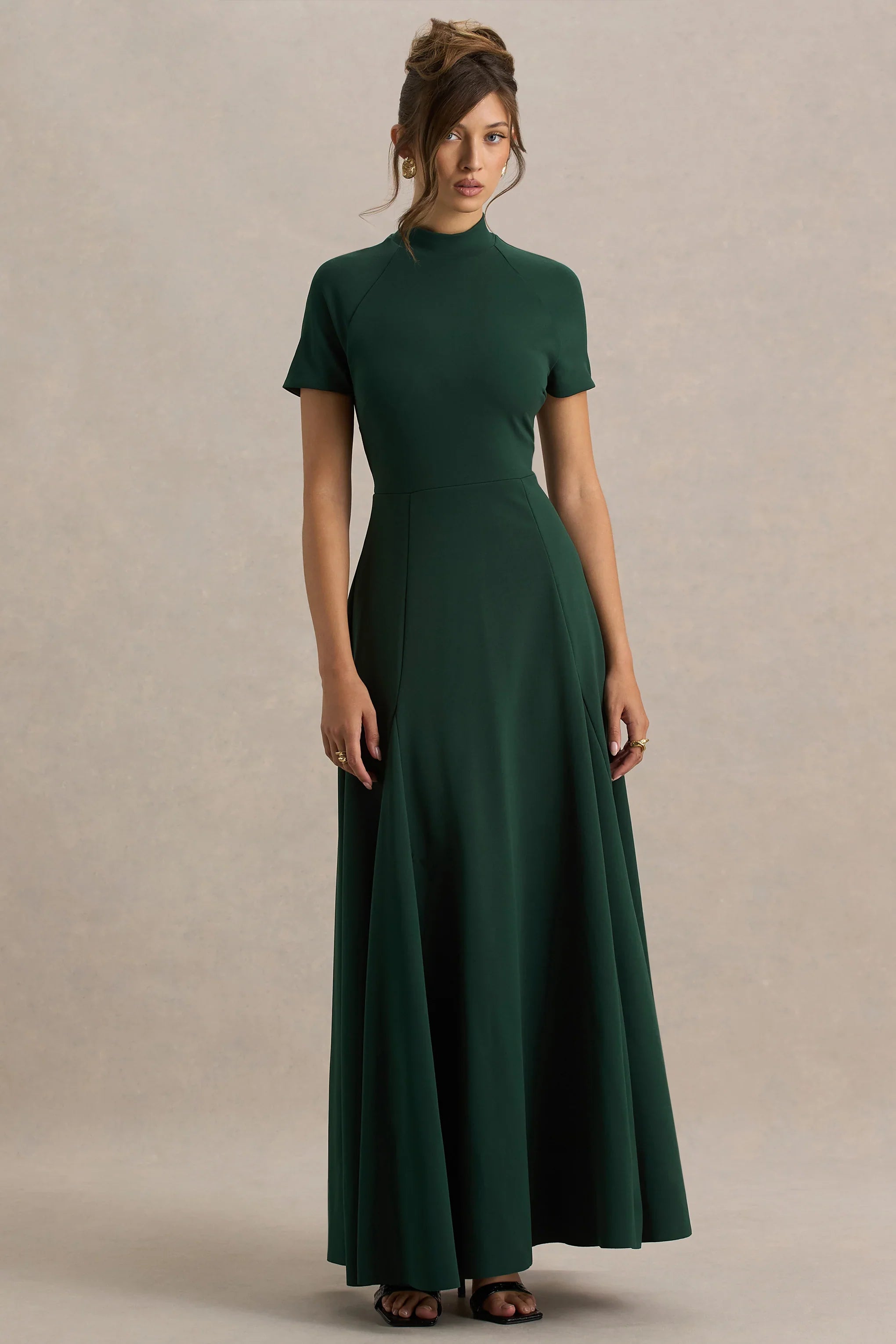 Alea Dark Green High Neck Short Sleeve Maxi Dress