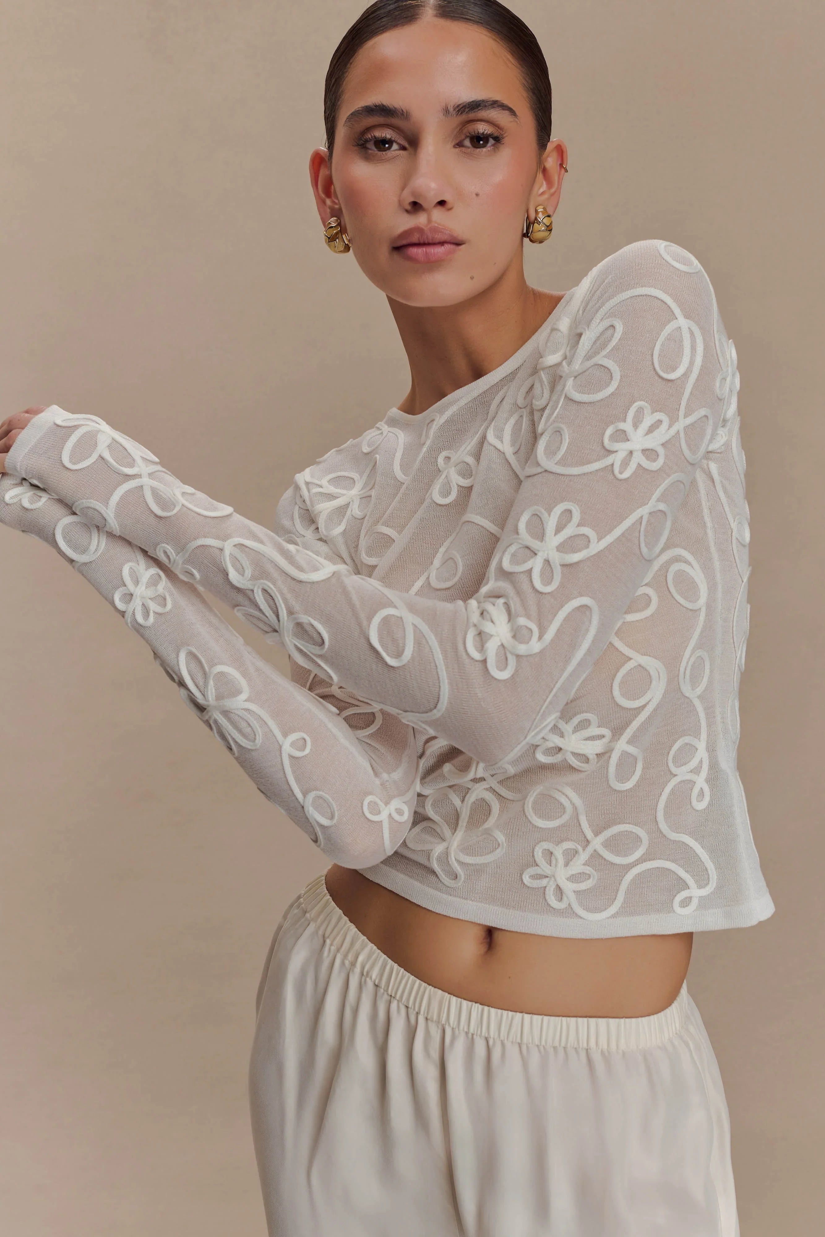 Omari Embroidery Long Sleeve Knit Top Ivory