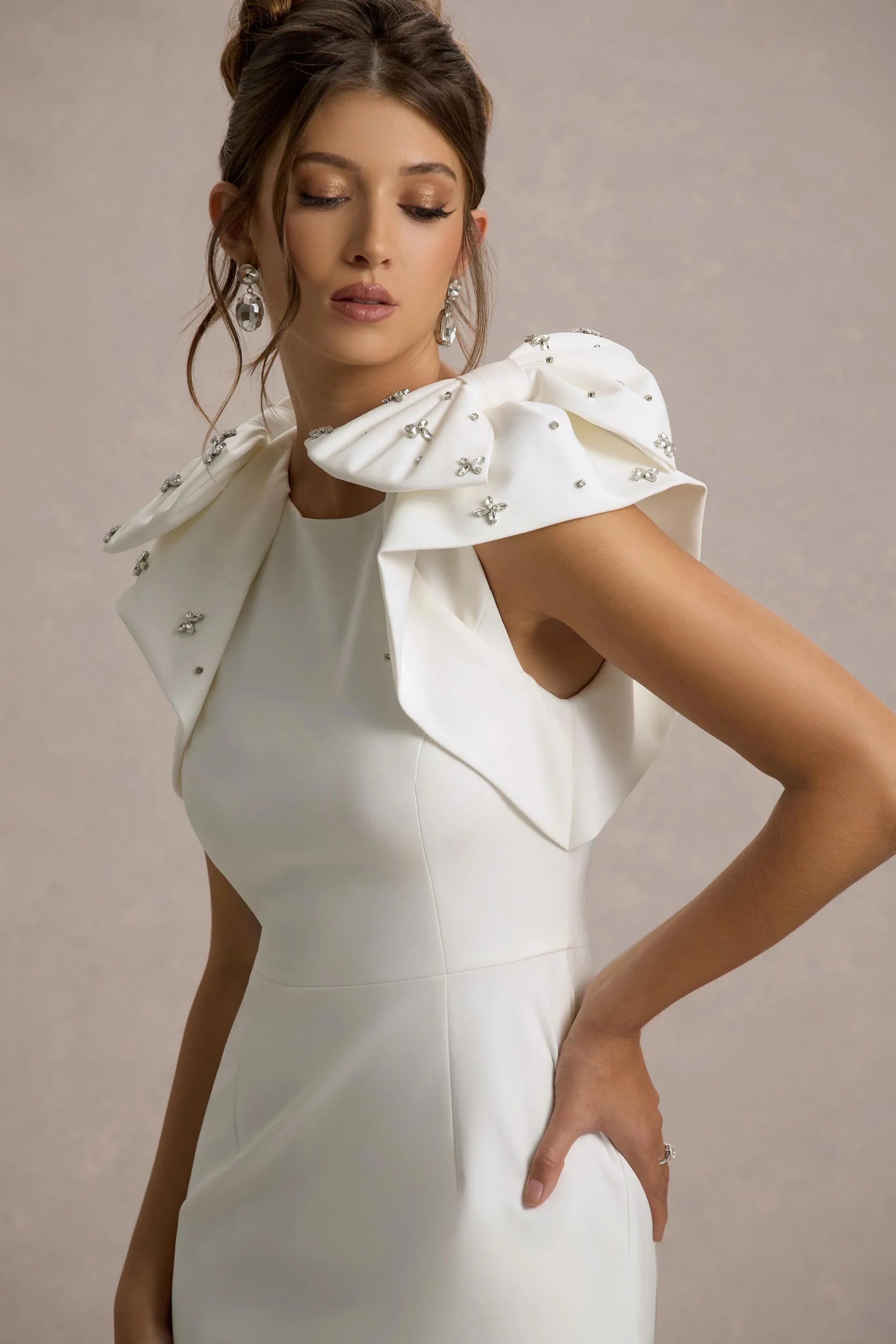 Aubrie Ecru Midi Dress With Bow Details