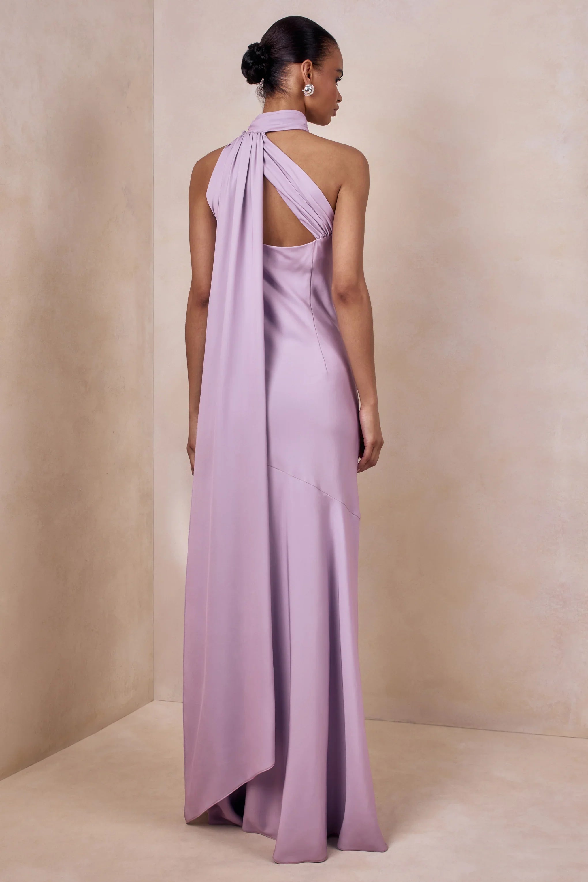 Cara Lilac Matte Satin High Neck Maxi Dress
