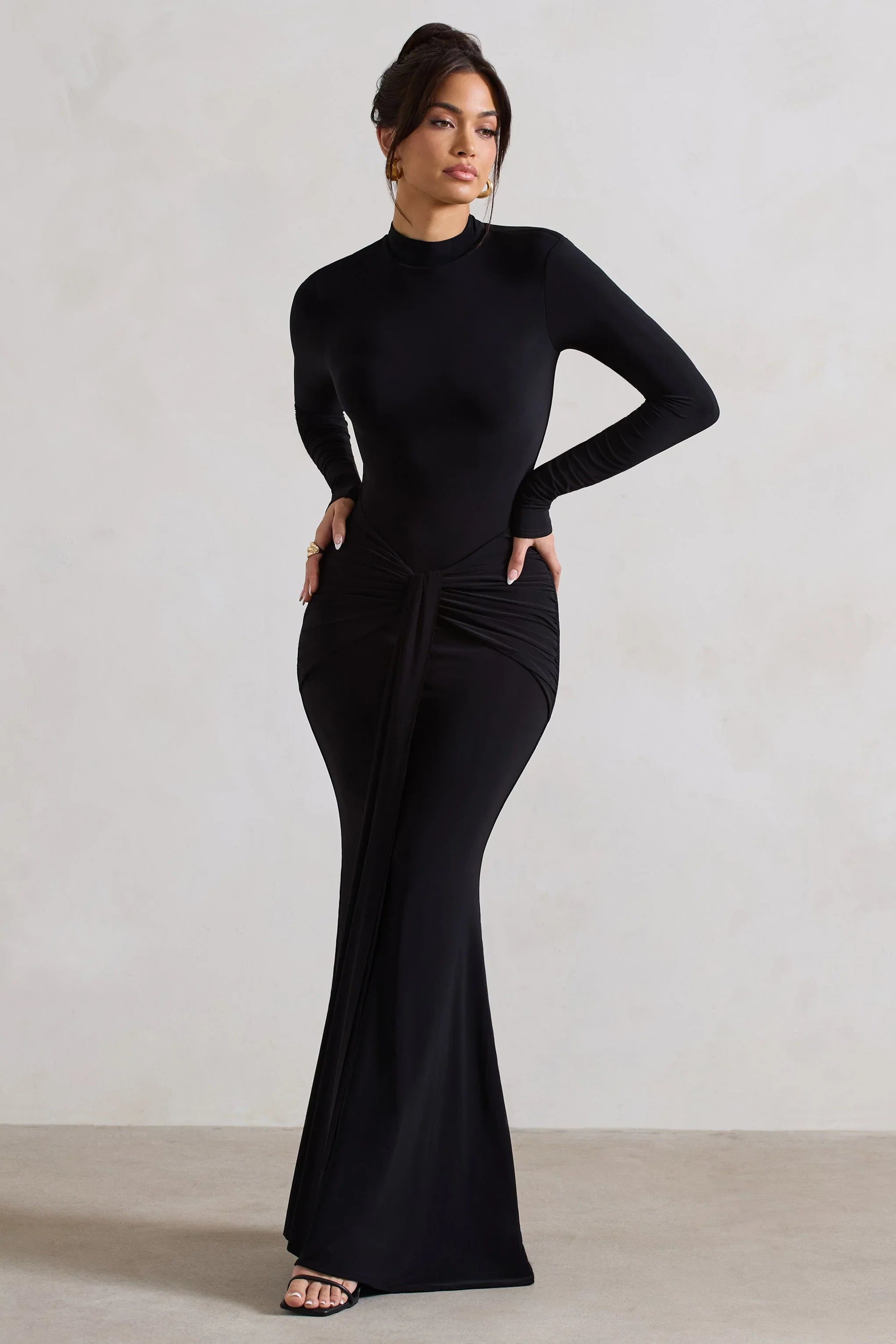 Pietra Black High Neck Long Sleeve Knot Maxi Dress