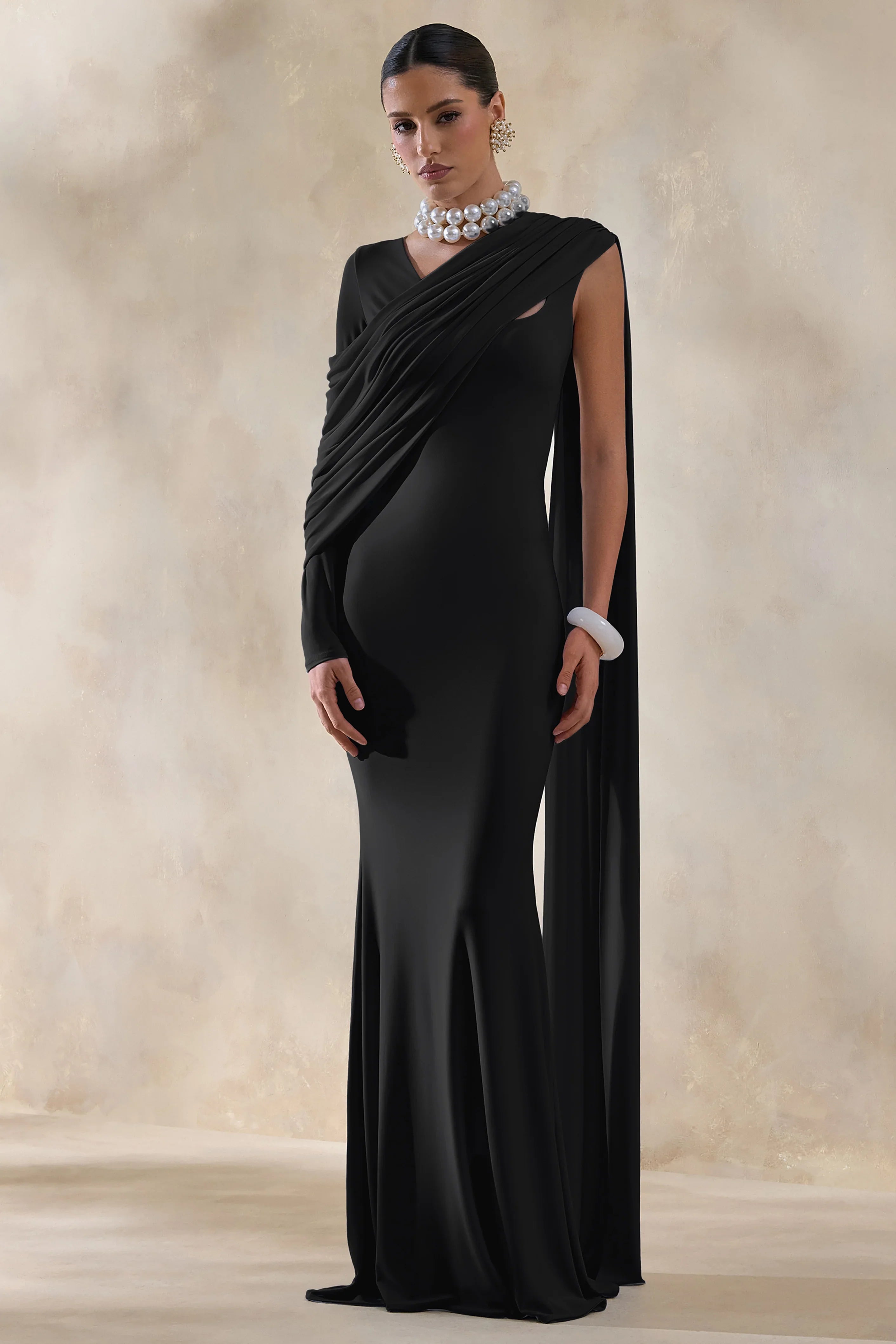Rubelle Black Asymmetric Neck Maxi Dress With Draped Detailing