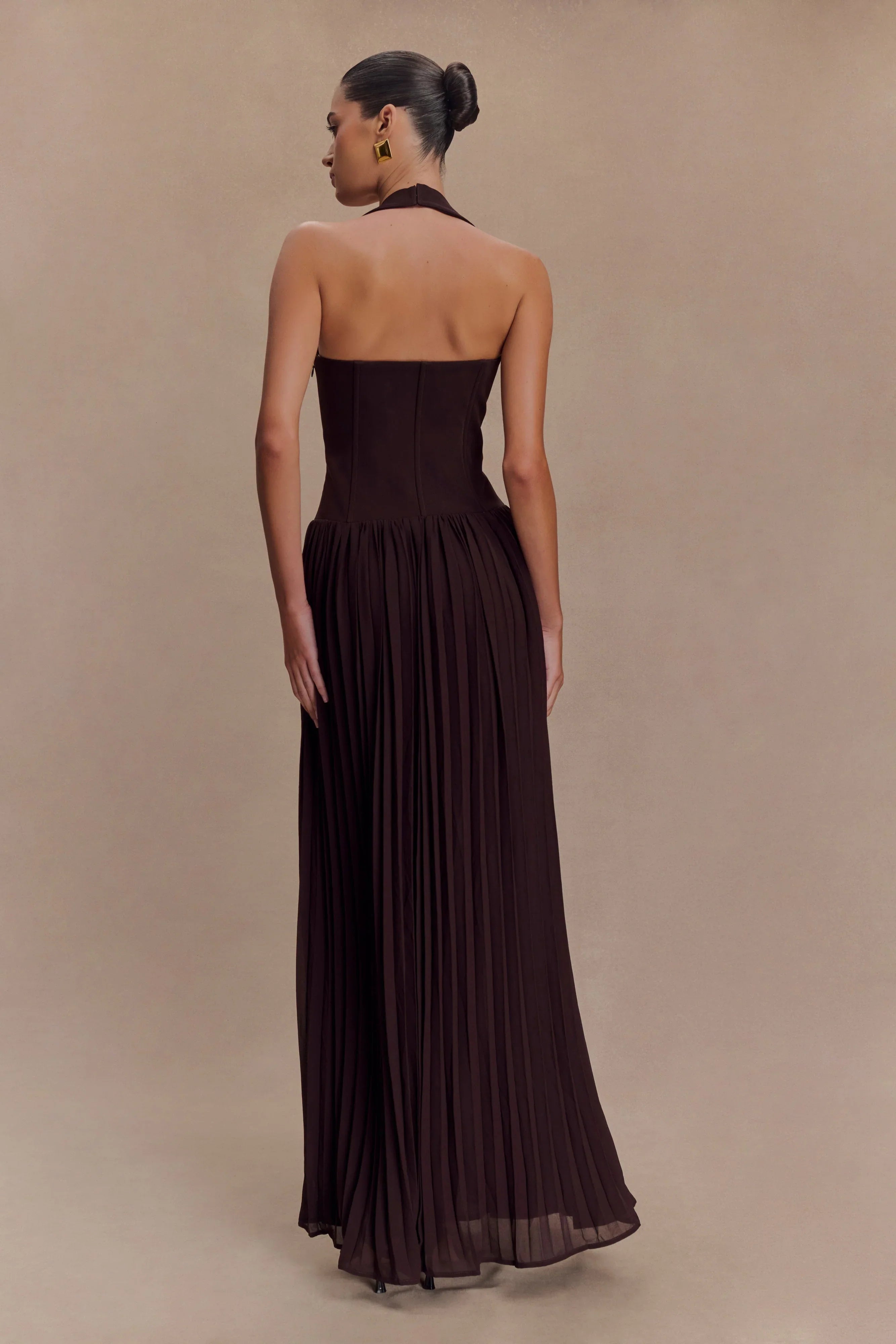 Stacie Pleated Halter Maxi Dress Cacao