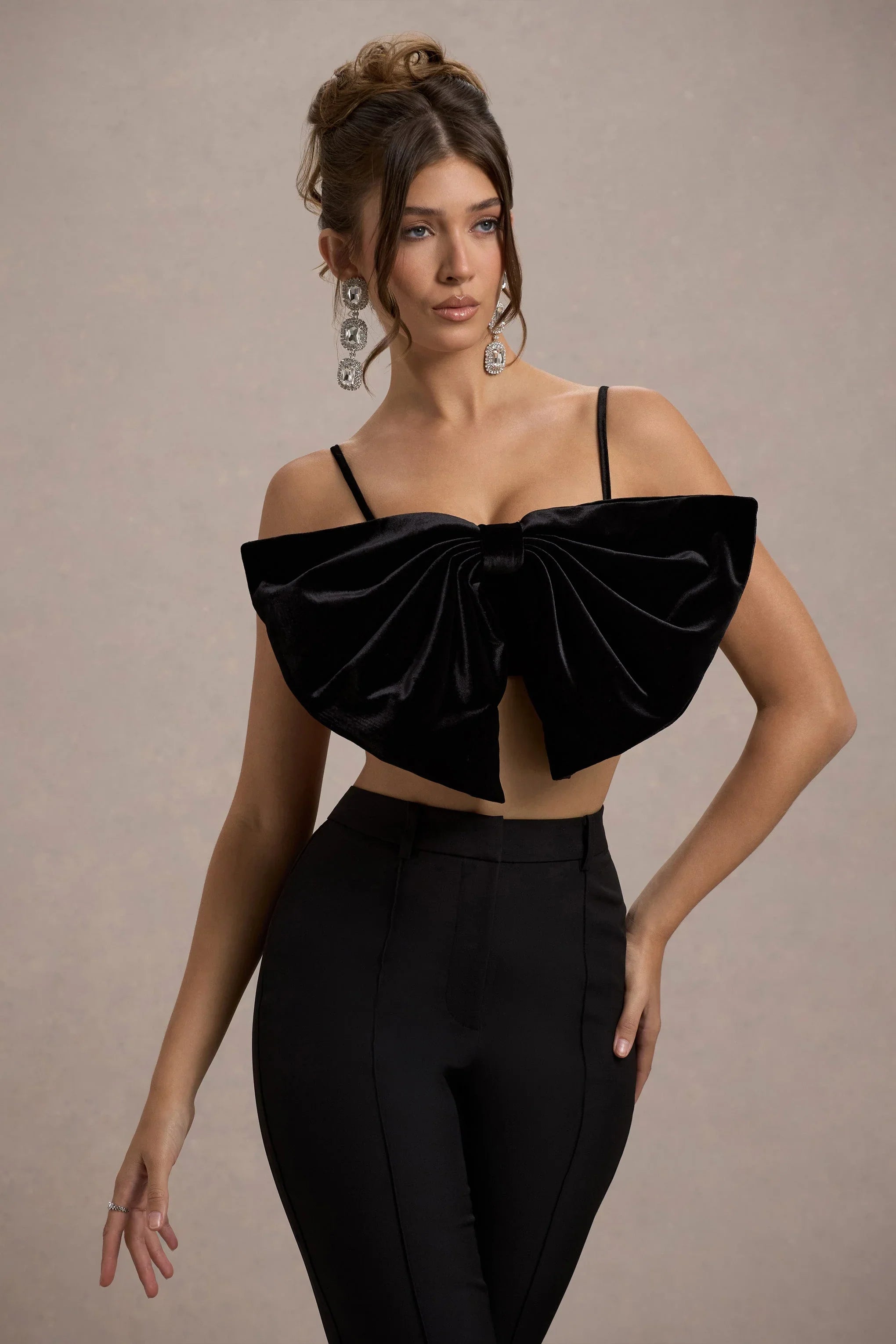 Adya Black Velvet Strappy Bow Crop Top