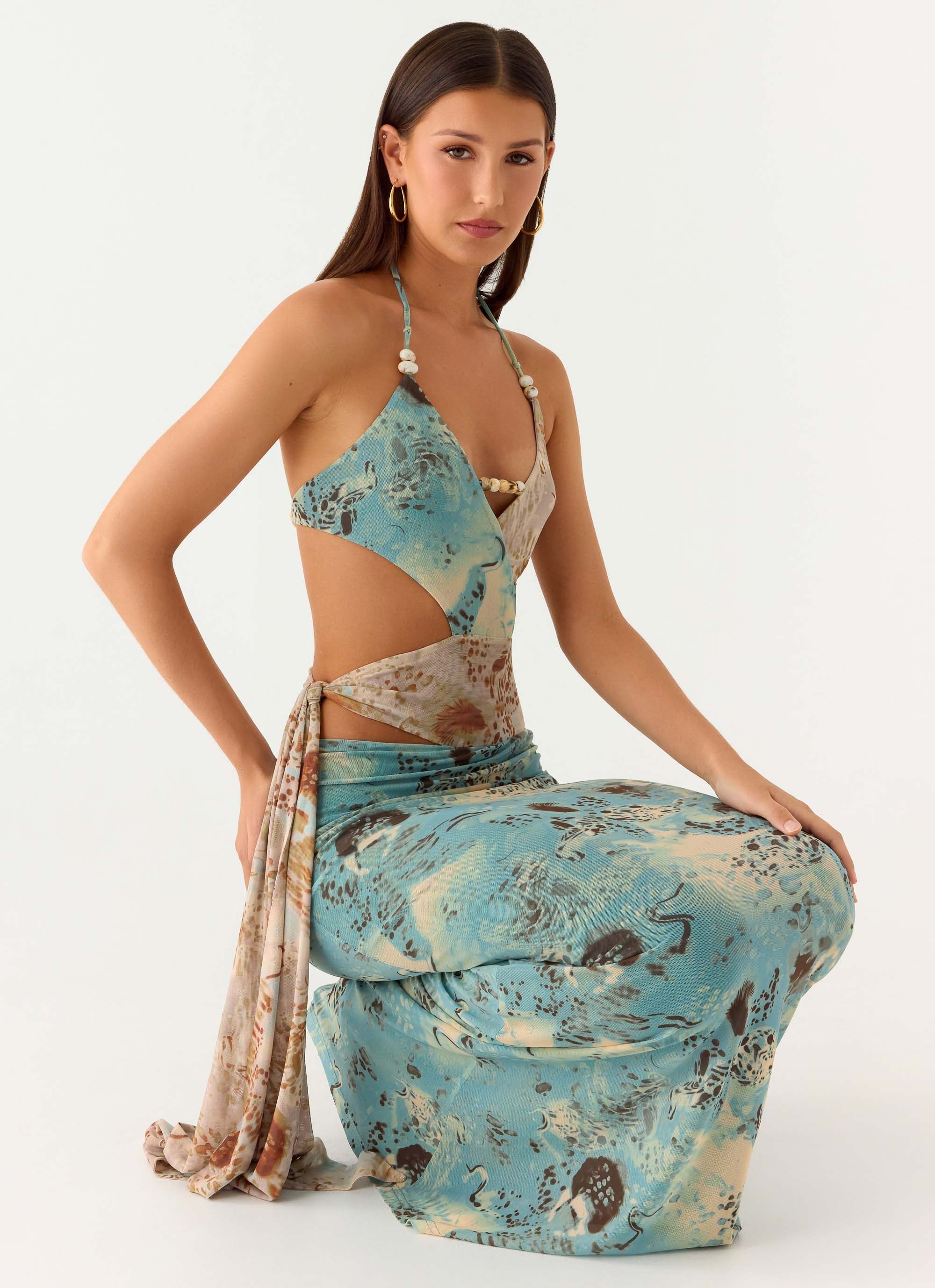 Rebel Beaded Maxi Dress Aqua Blur