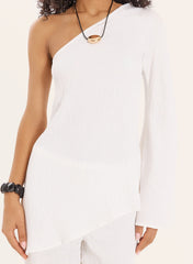 Cream Crinkle One Shoulder Flared Sleeve Top