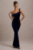 Neeka Navy Velvet Twisted Asymmetric Maxi Dress