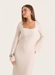 Ecru Square Neck Long Sleeve Maxi Dress