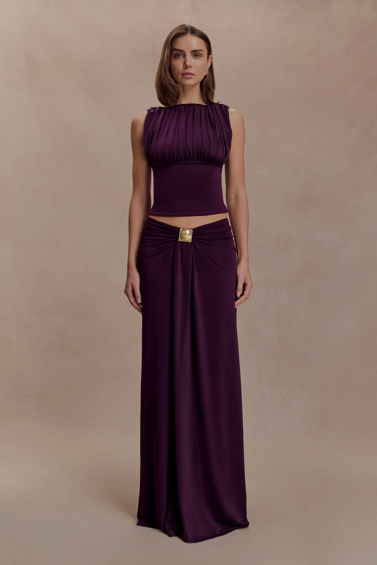 Erina Slinky Ruched Maxi Skirt With Hardware Aubergine