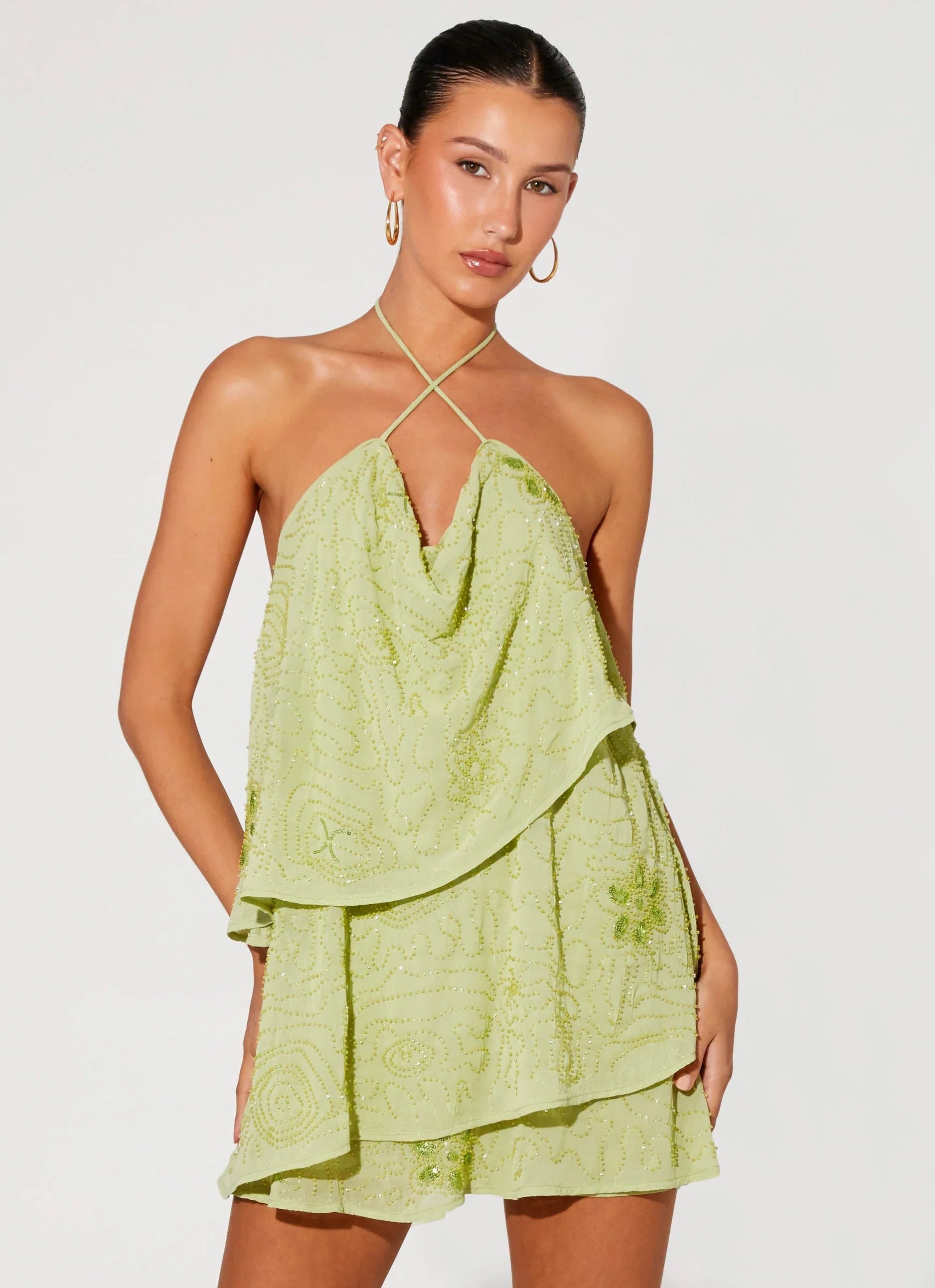 On The Go Beaded Mini Dress Mint