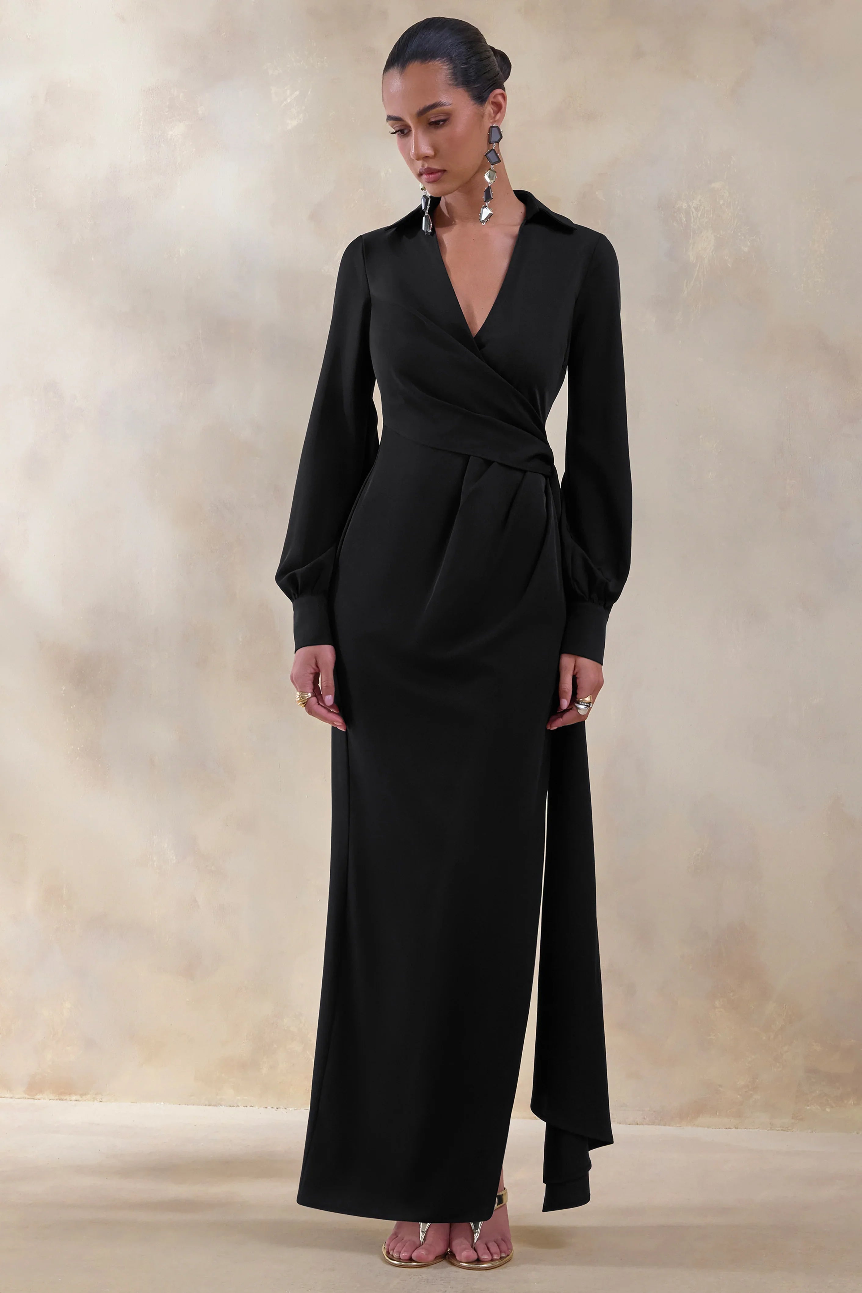 Vita Black Plunge Neck Wrap Maxi Dress