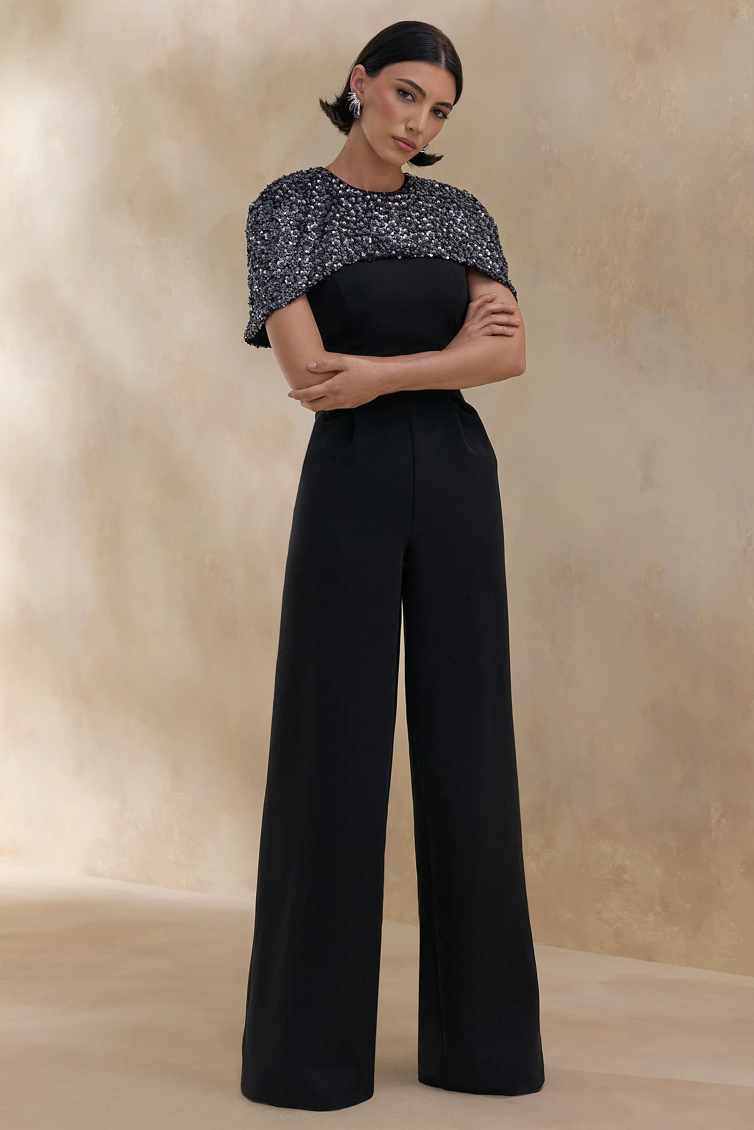 Eloriana Black Hand Embellished High Neck Jumpsuit