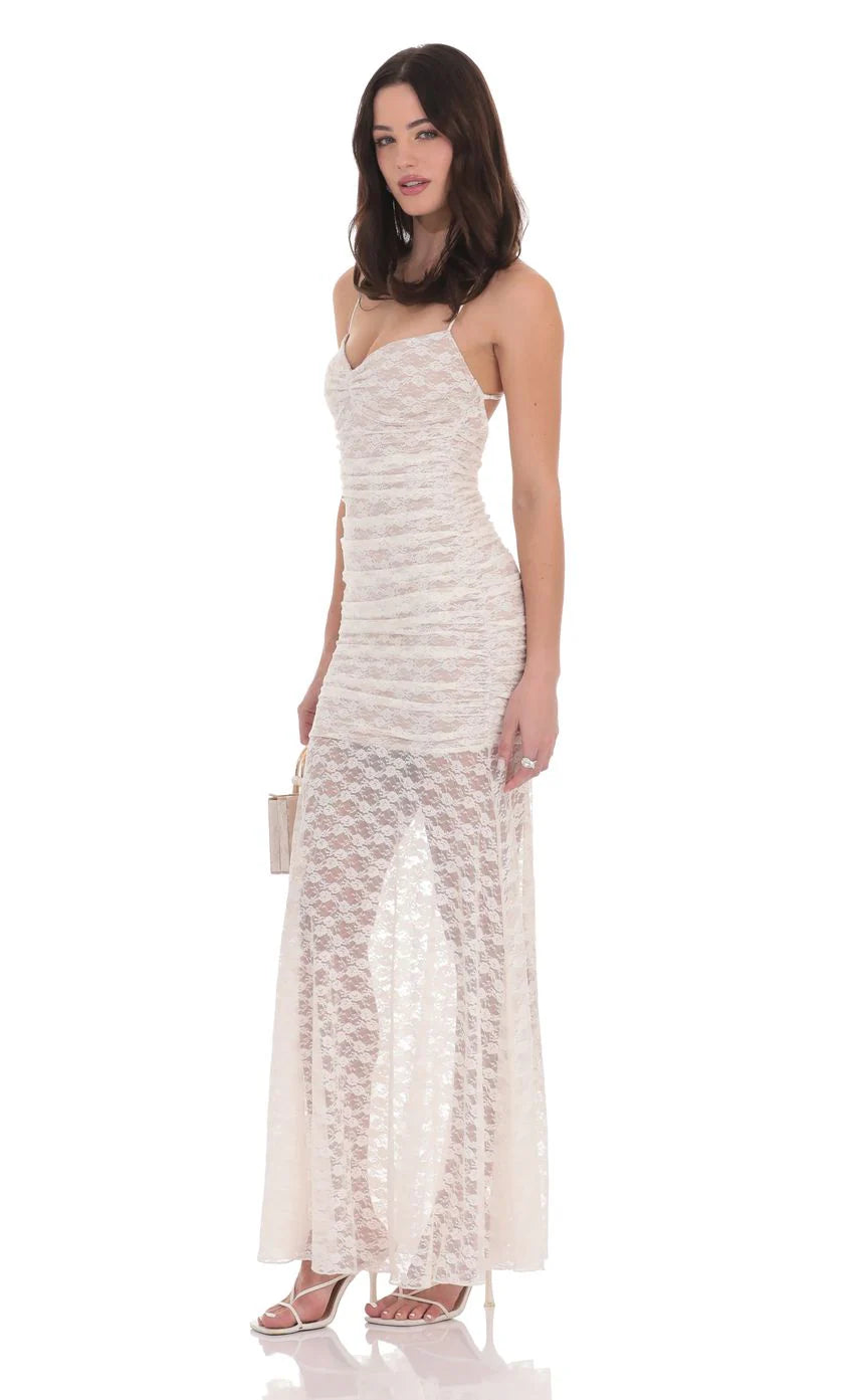 Lace Ruched Mermaid Dress in White