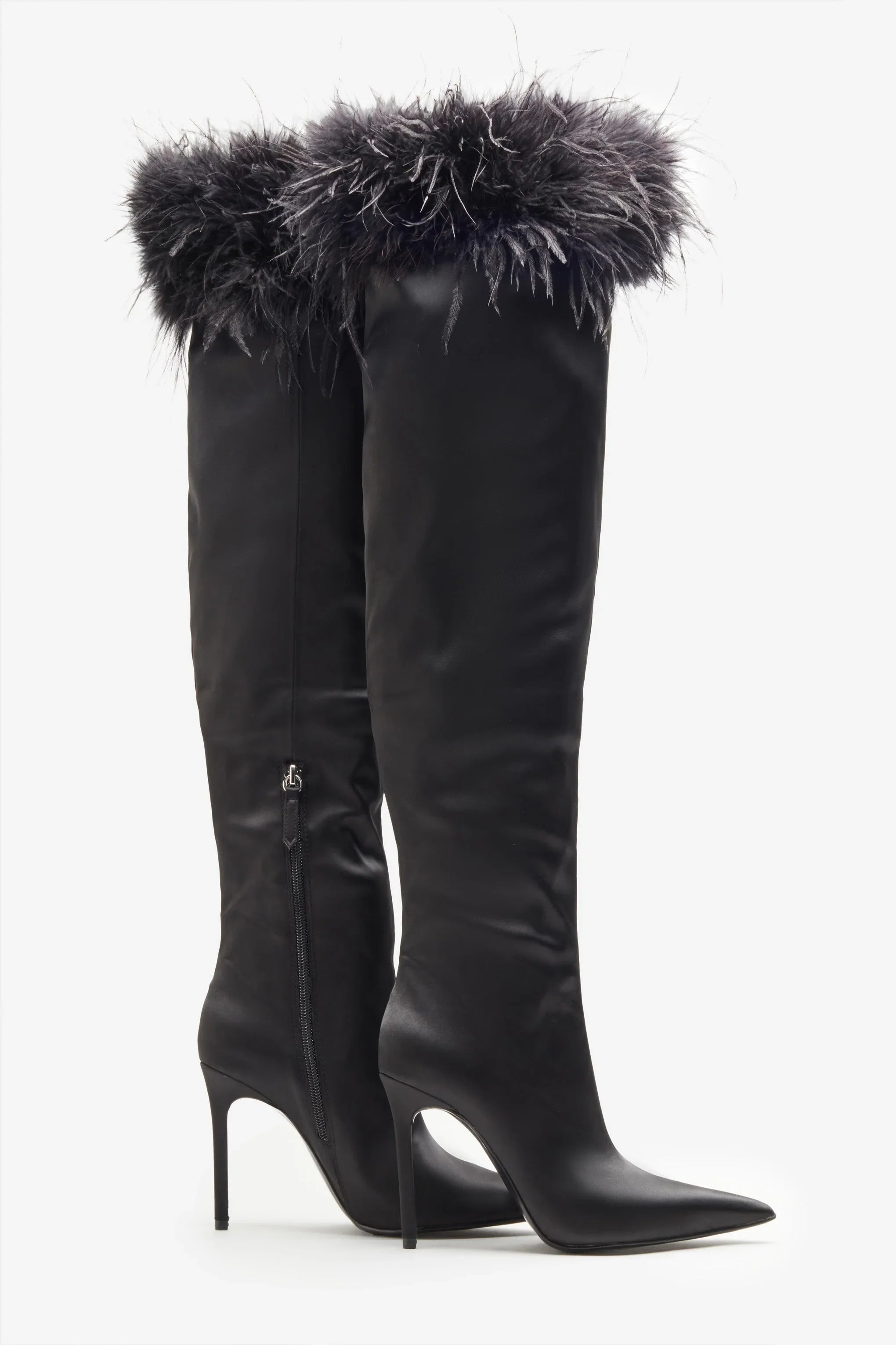 Soho Black Satin Pointed Heeled Boots With Feather Trims