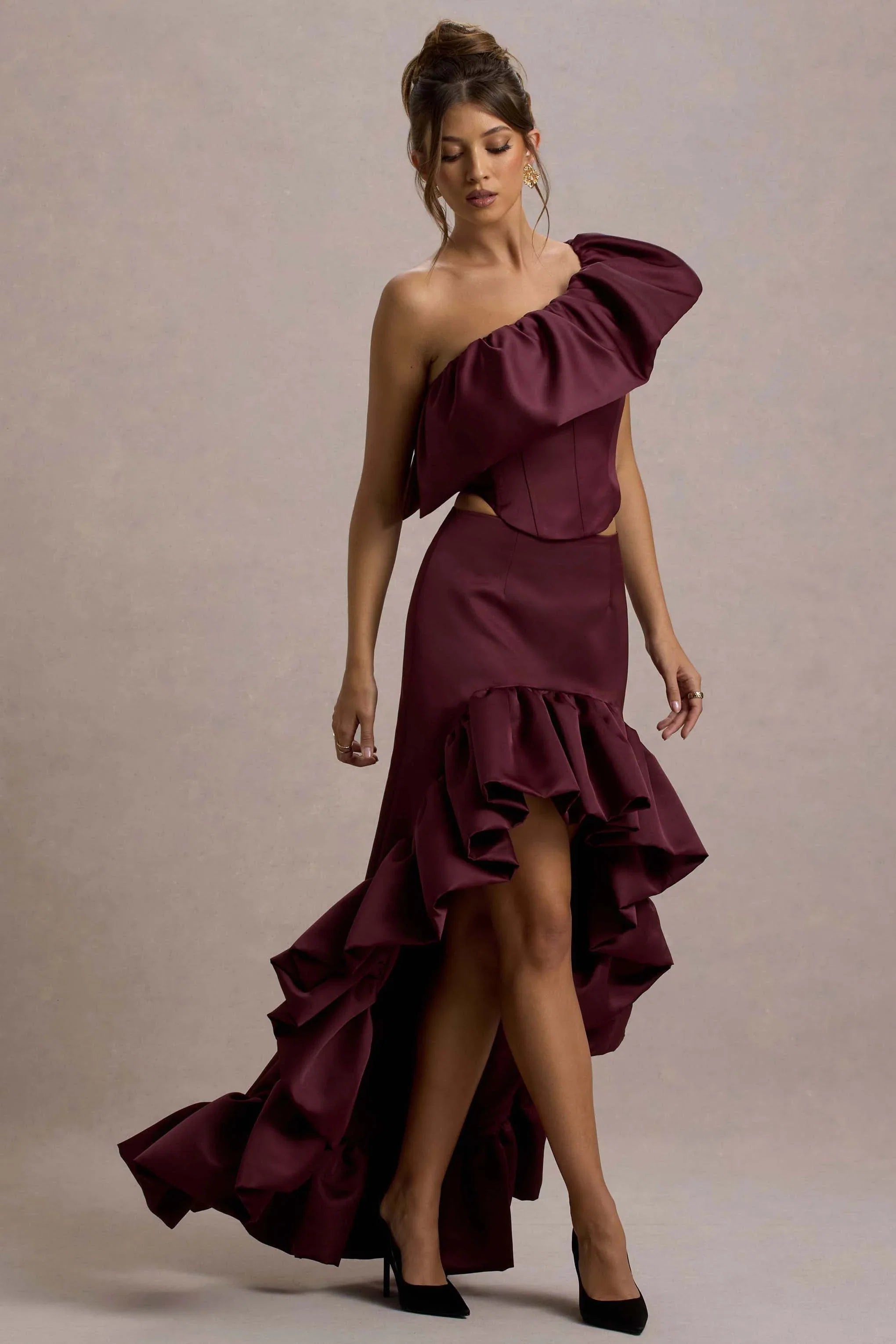 Sandie Merlot Satin Bardot Ruffled Crop Top
