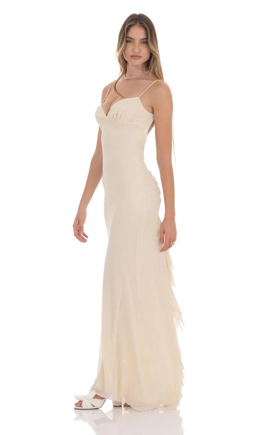 Rhinestone Mesh Open Back Maxi Dress in Beige