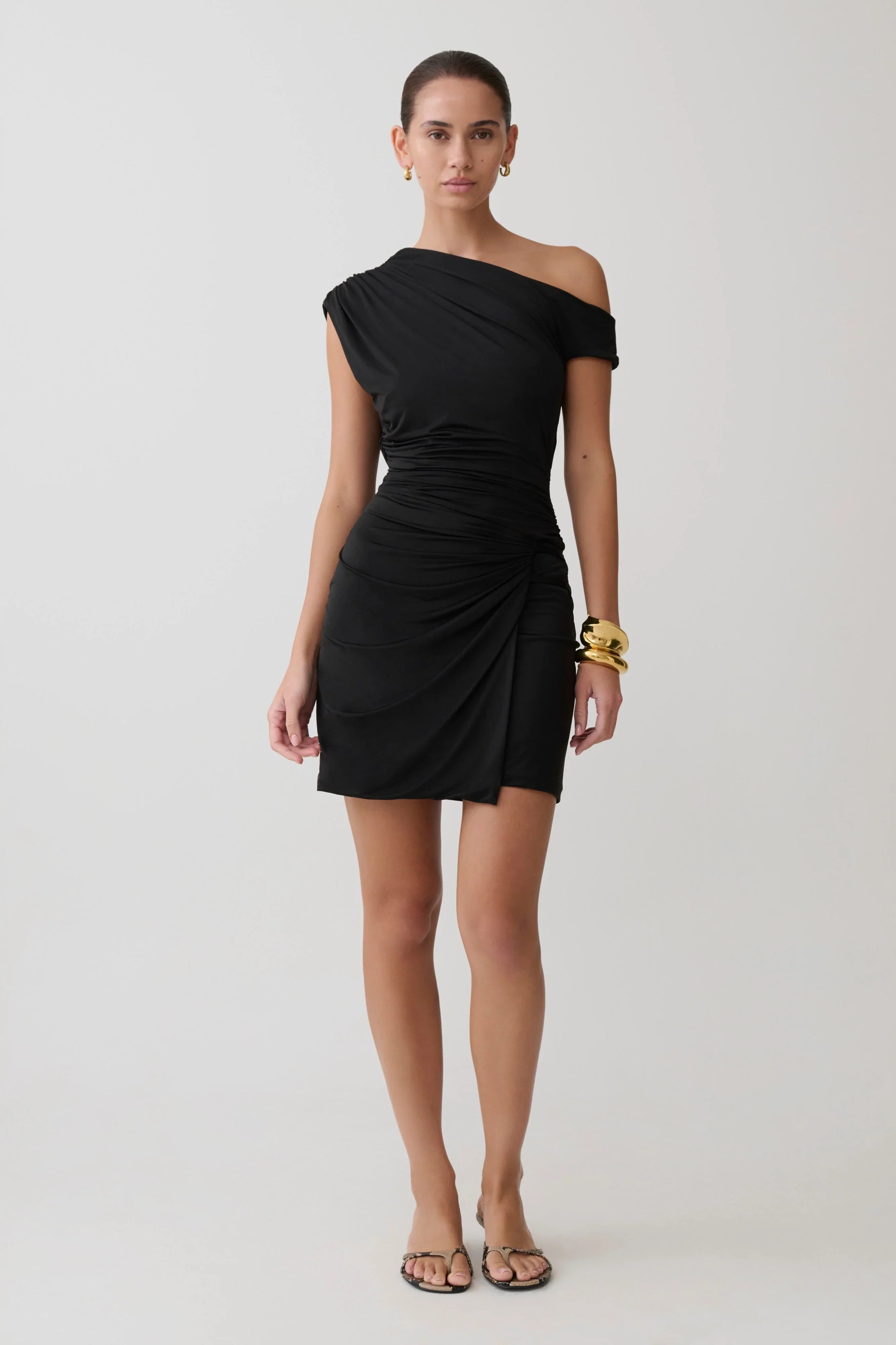 Alyn Off Shoulder Draped Mini Dress Black