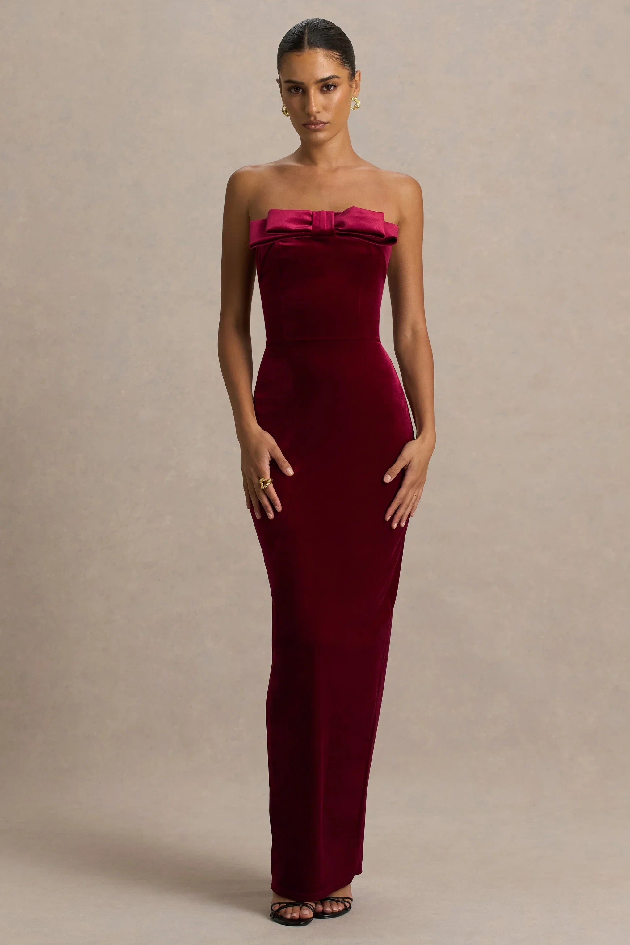 Illusion Burgundy Velvet Bandeau Maxi Dress With Bow Detail