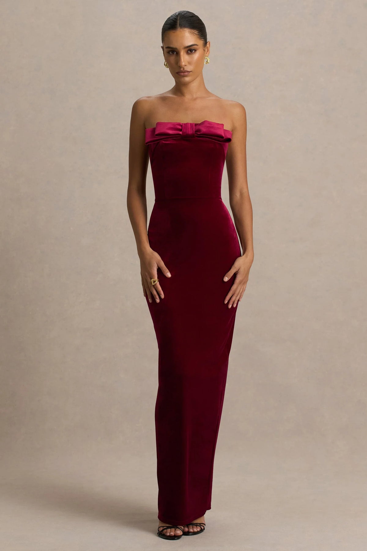 Illusion Burgundy Velvet Bandeau Maxi Dress With Bow Detail