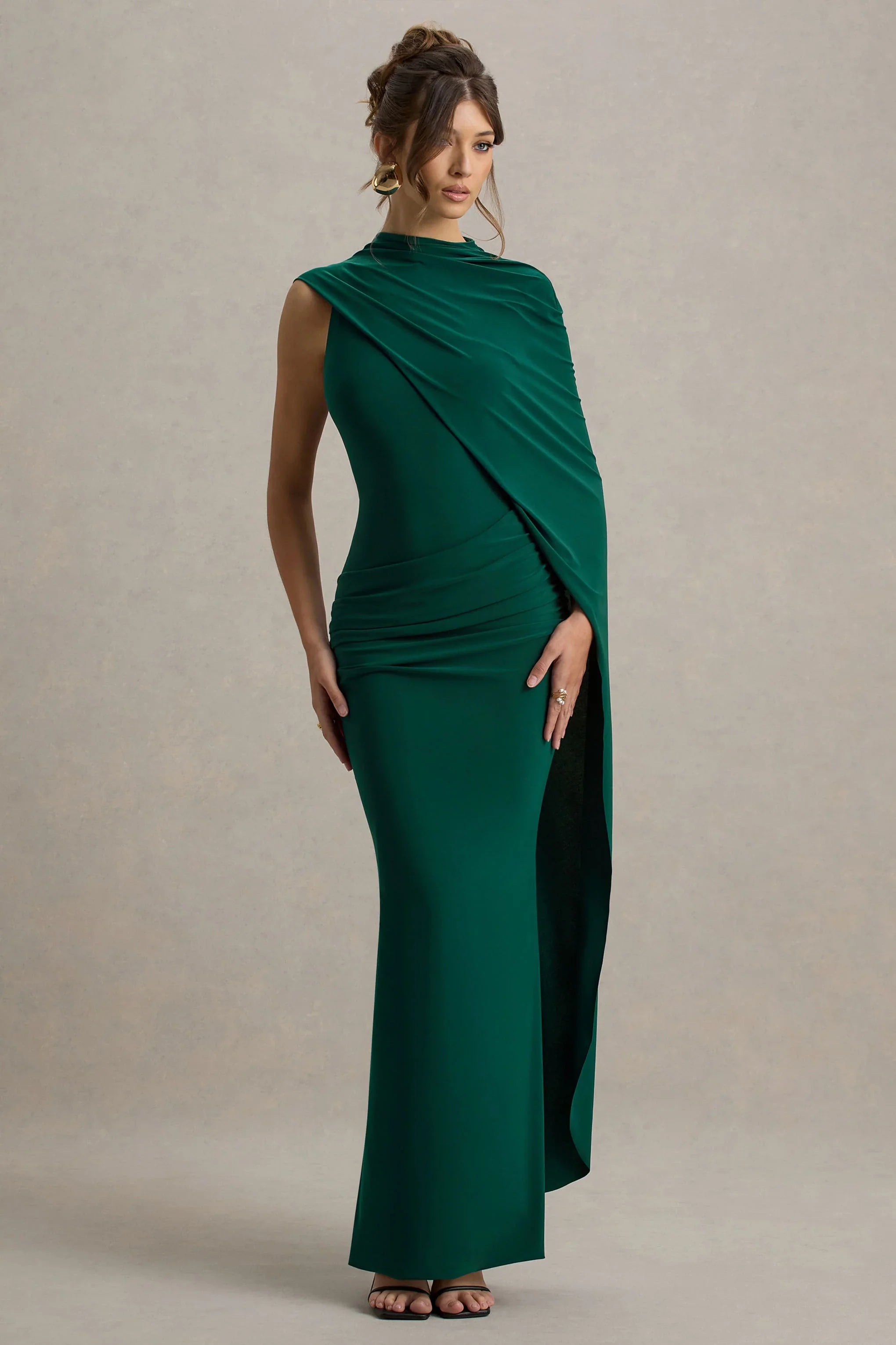 Maeve Bottle Green Cape Sleeve Draped Maxi Dress