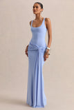 Lienna Powder Blue Scoop Neck Maxi Dress With Gathered Detail And Sash