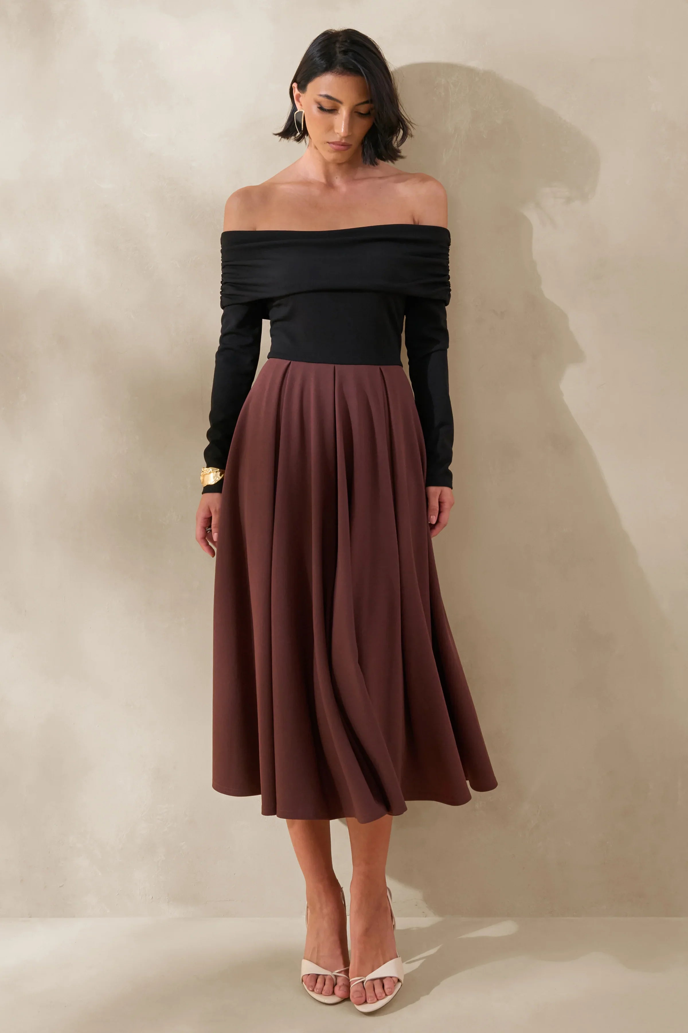 Frederica Black And Brown Bardot Neck Midi Dress