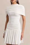 Fenella White High Neck Mini Dress With Cape Sleeves And Ruched Detailing