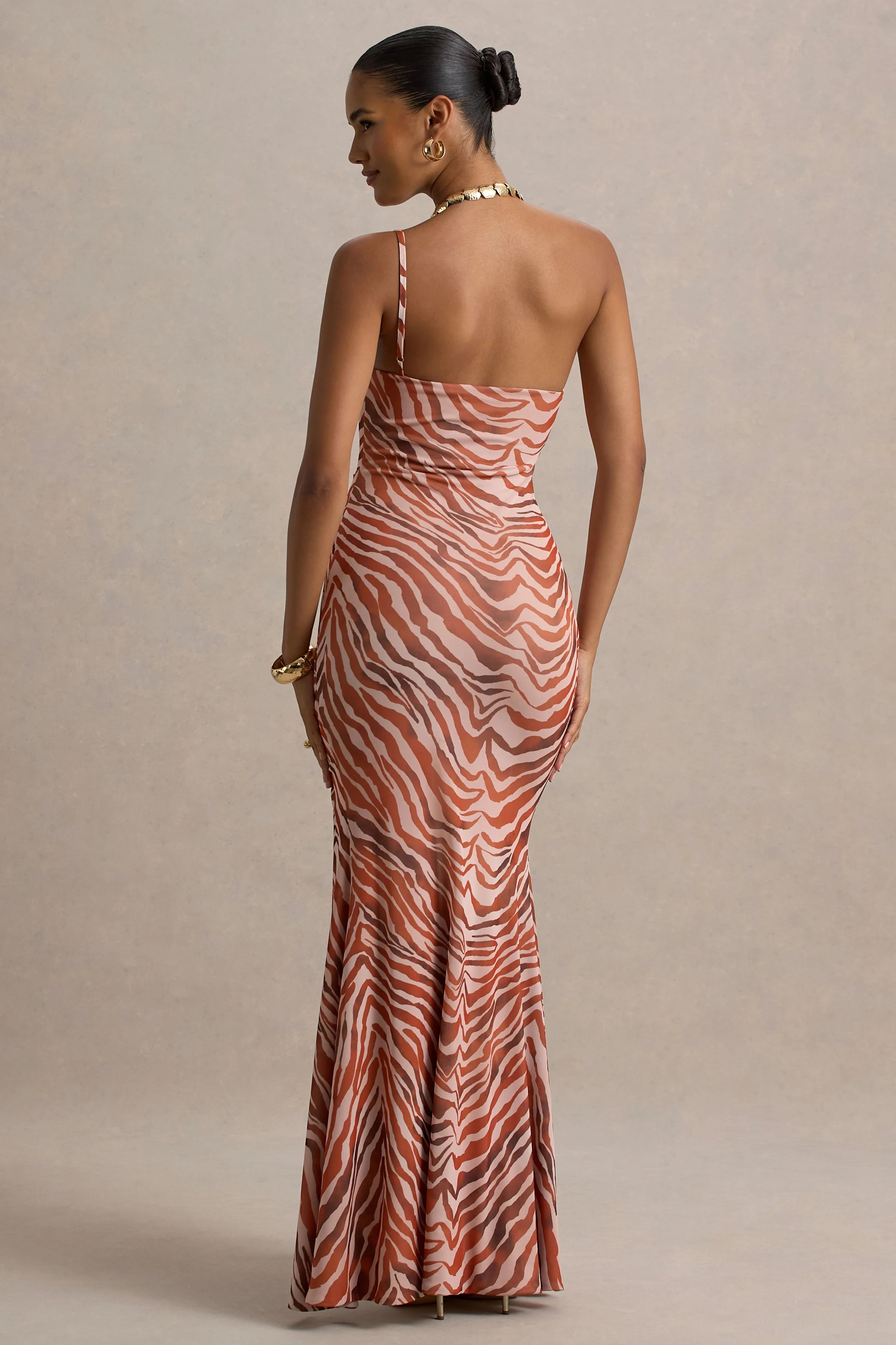 Florica Zebra Print Mesh Asymmetric Maxi Dress With Split