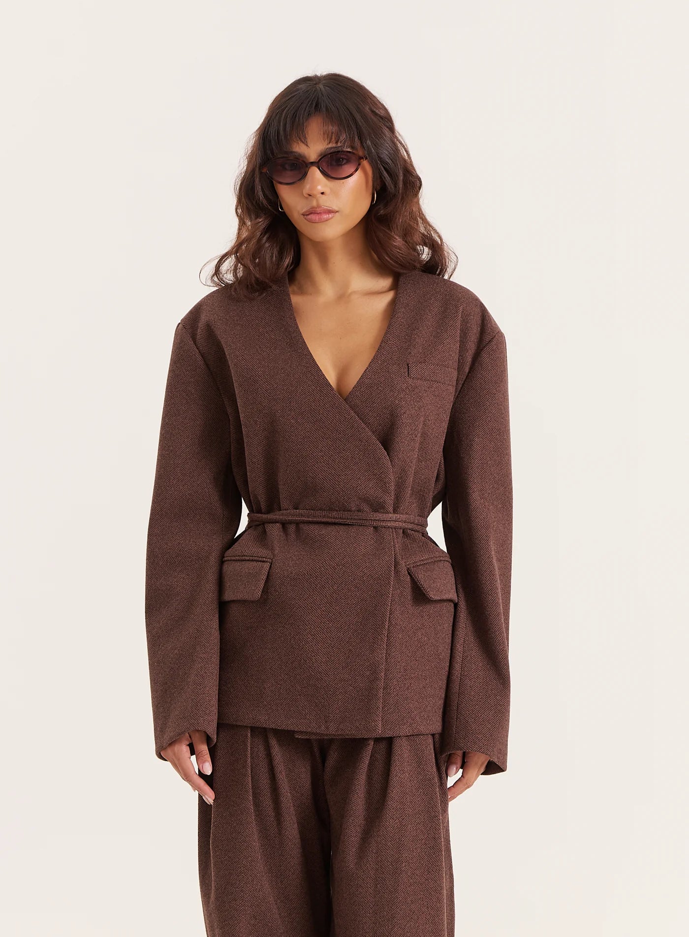 Chocolate Herringbone Tie Waist Wrap Jacket
