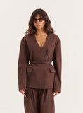 Chocolate Herringbone Tie Waist Wrap Jacket