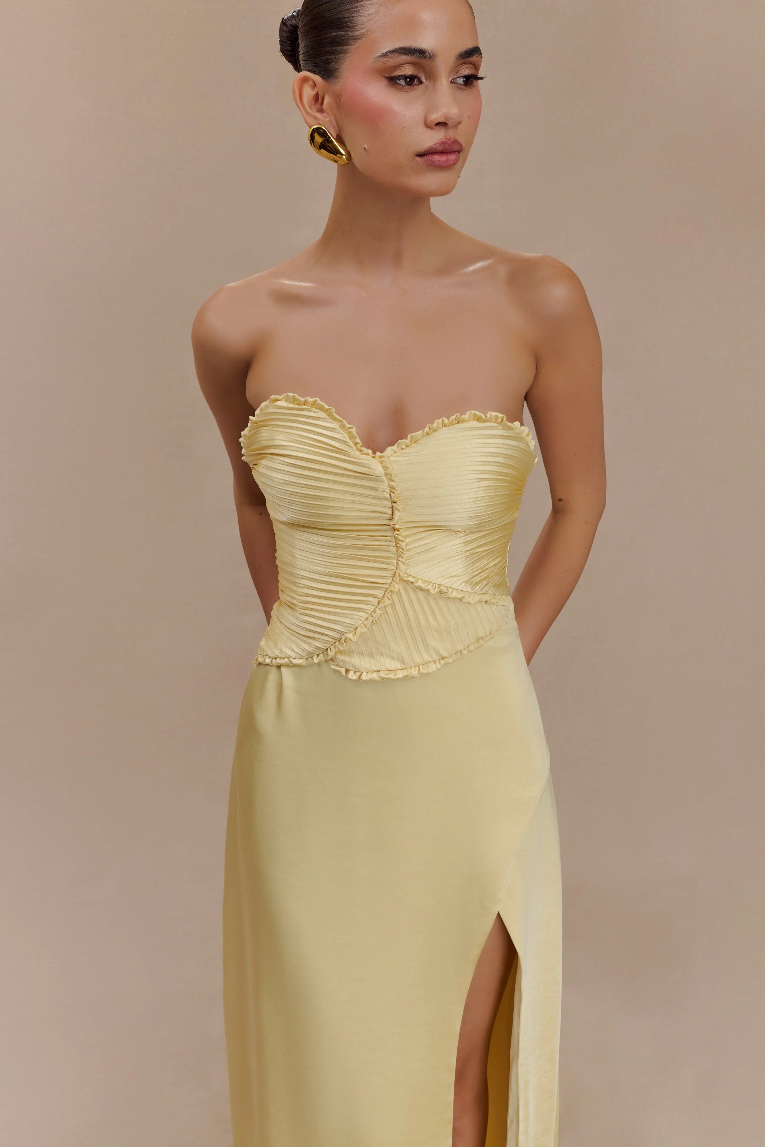 Larissa Satin Maxi Dress With Ruched Petals Lemon