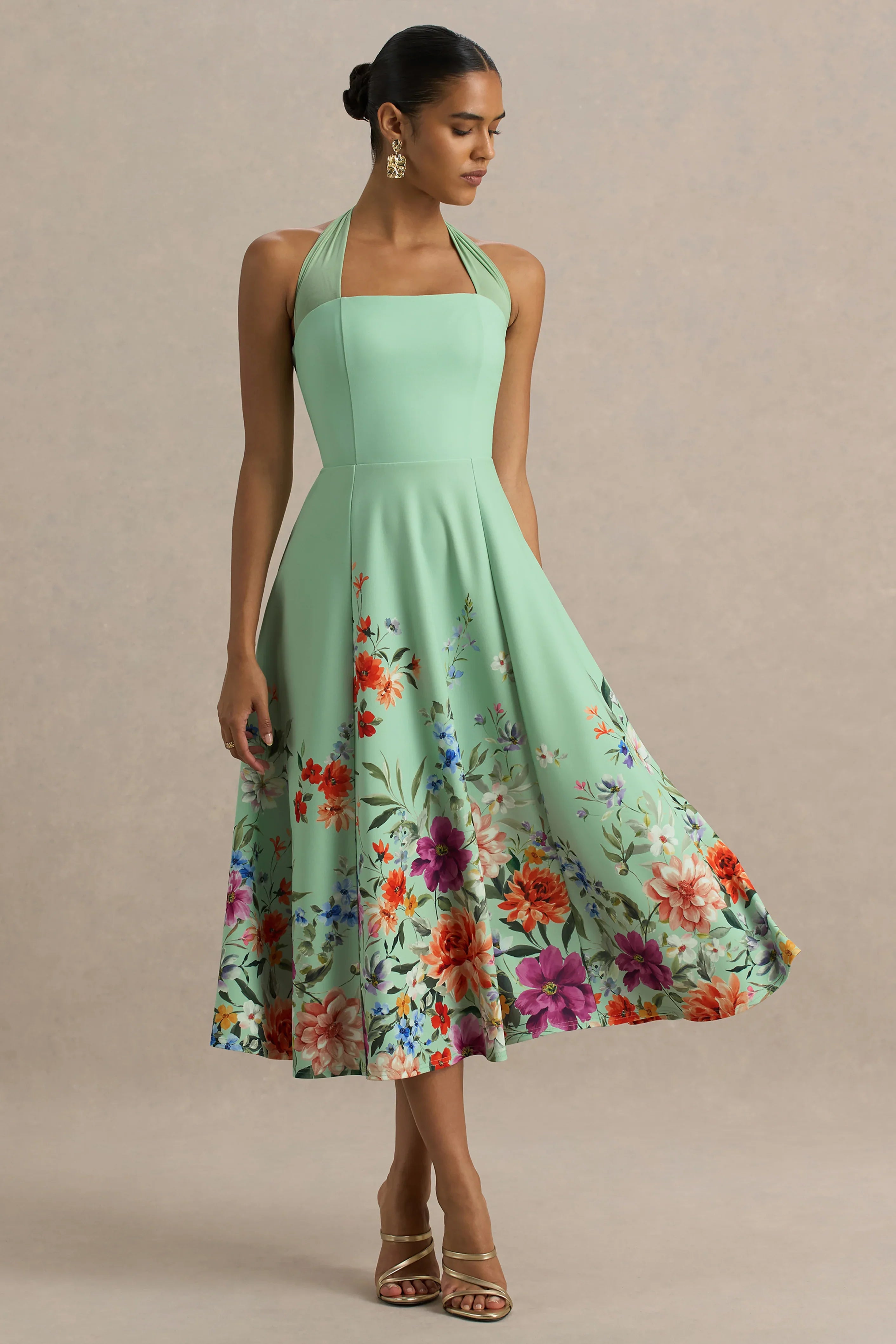 Auburn Mint Placement Floral Halter Neck Midi Dress