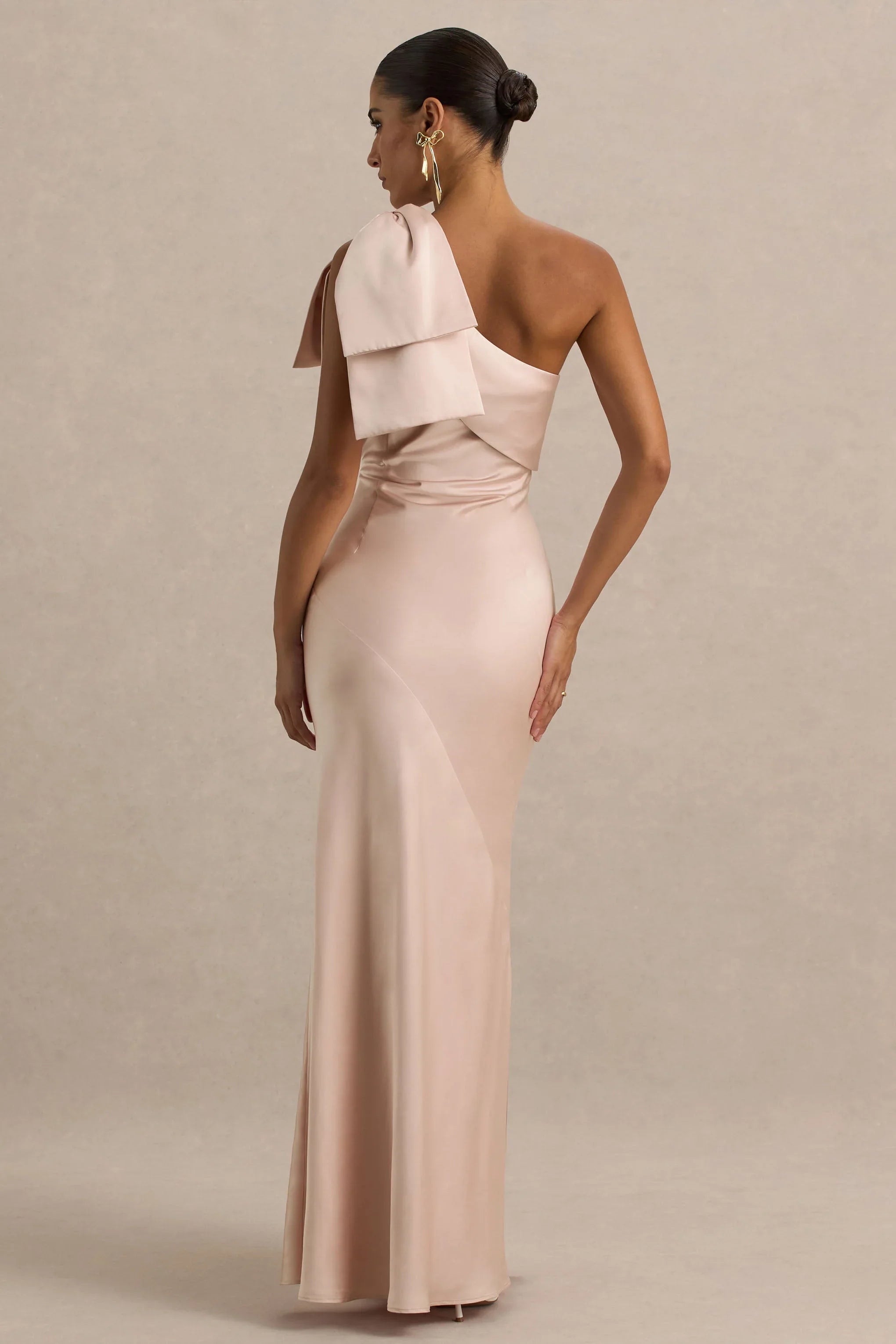 Valerie Light Pink Satin Asymmetric Neck Maxi Dress With Bow Detail