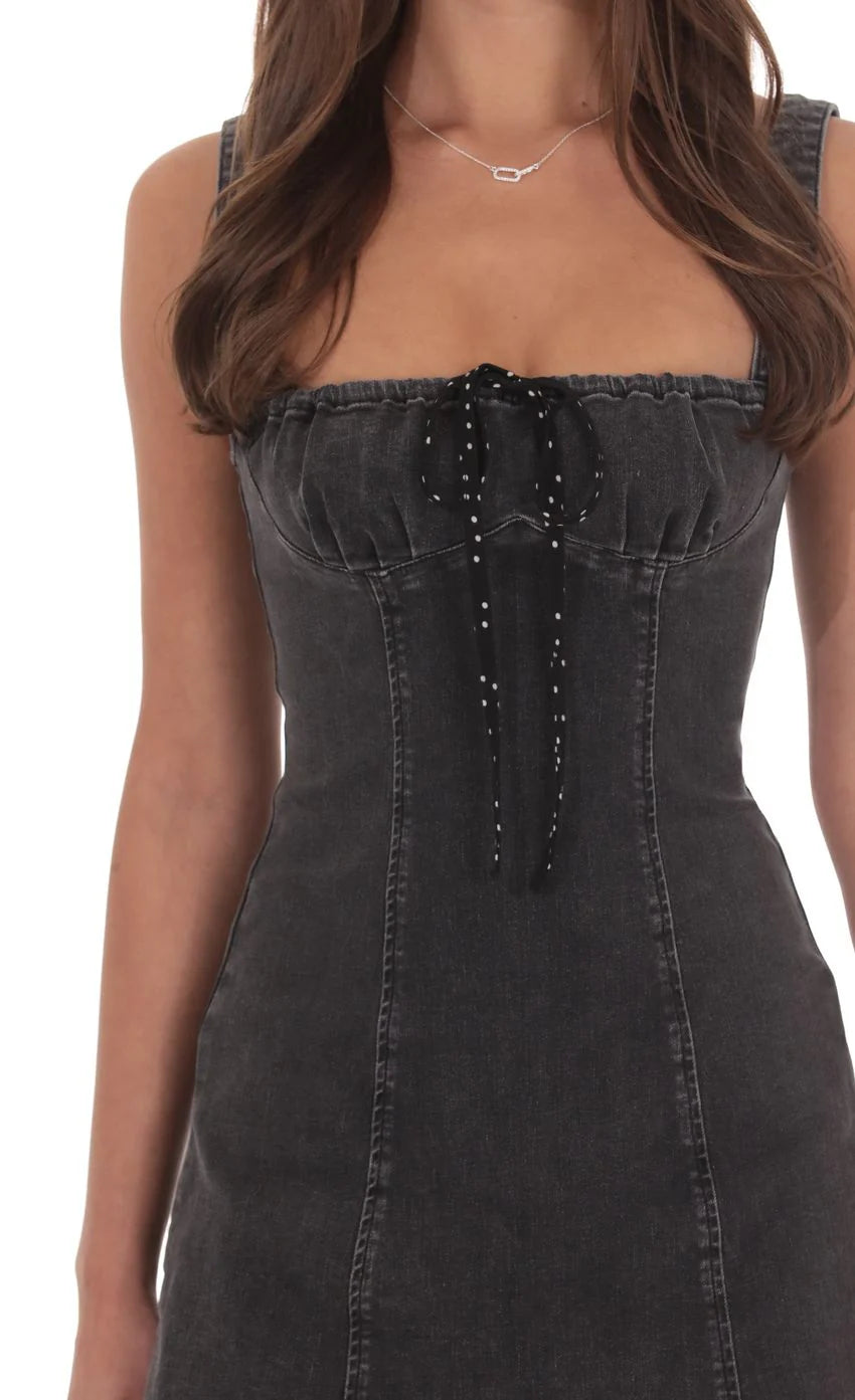 Denim Polka Dot Bow Dress in Washed Black