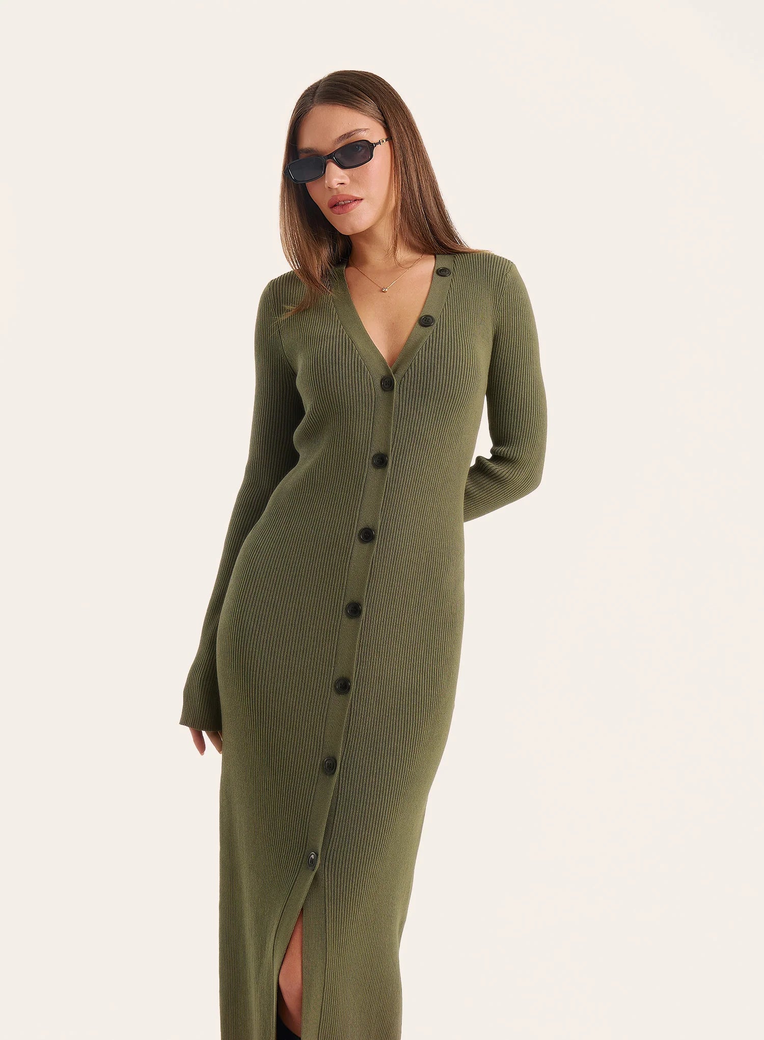 Olive V Neck Knitted Maxi Dress