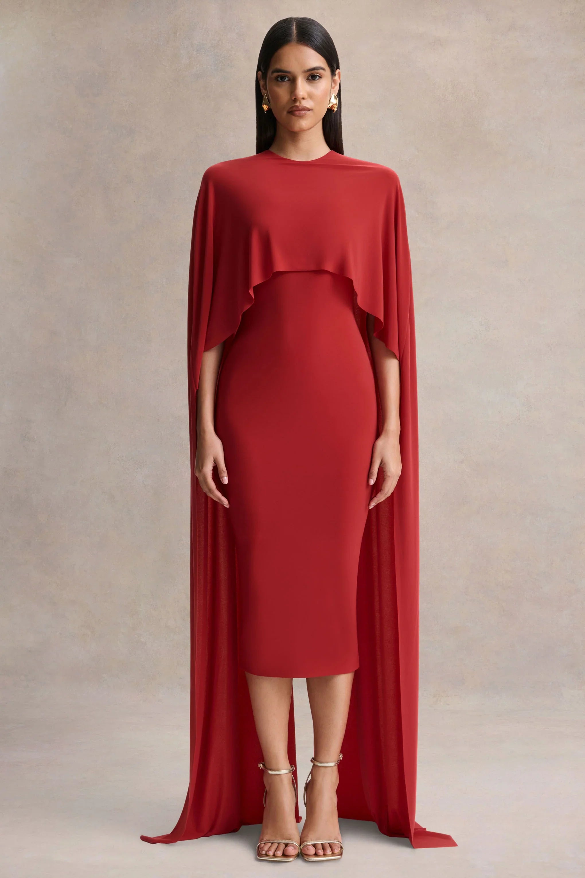 Kalani Red Crew Neck Midi Dress With Cape Sleeves