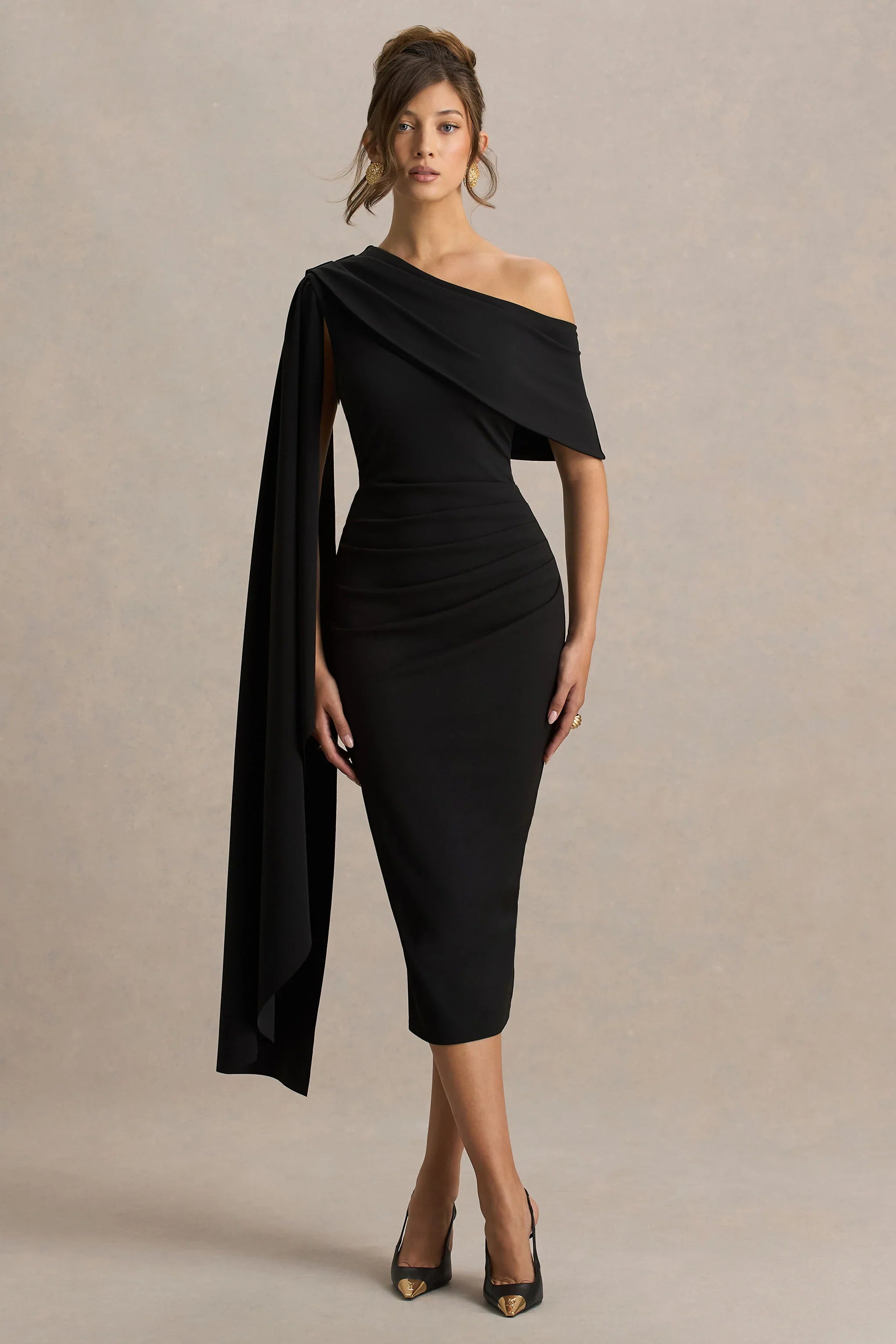 Leah Black Asymmetric Neck Midi Dress With Cape Sleeve