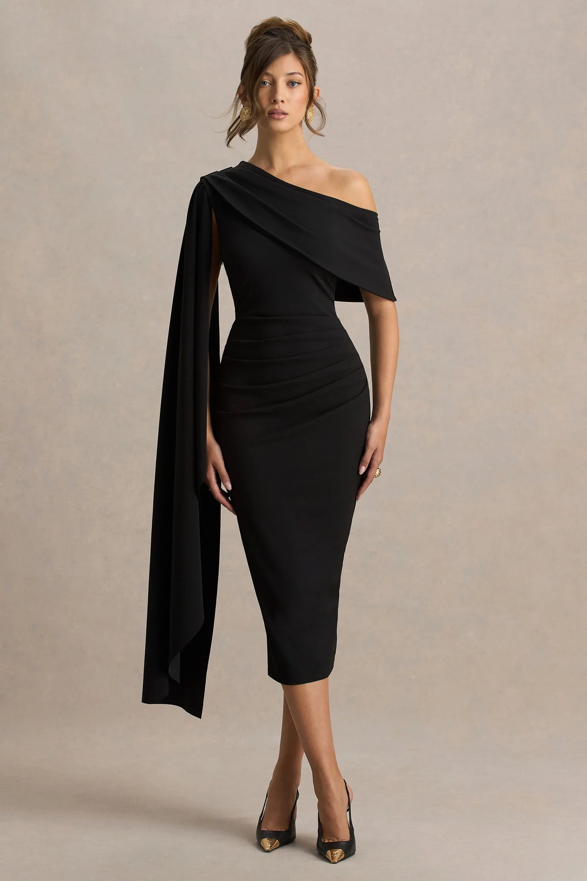 Leah Black Asymmetric Neck Midi Dress With Cape Sleeve
