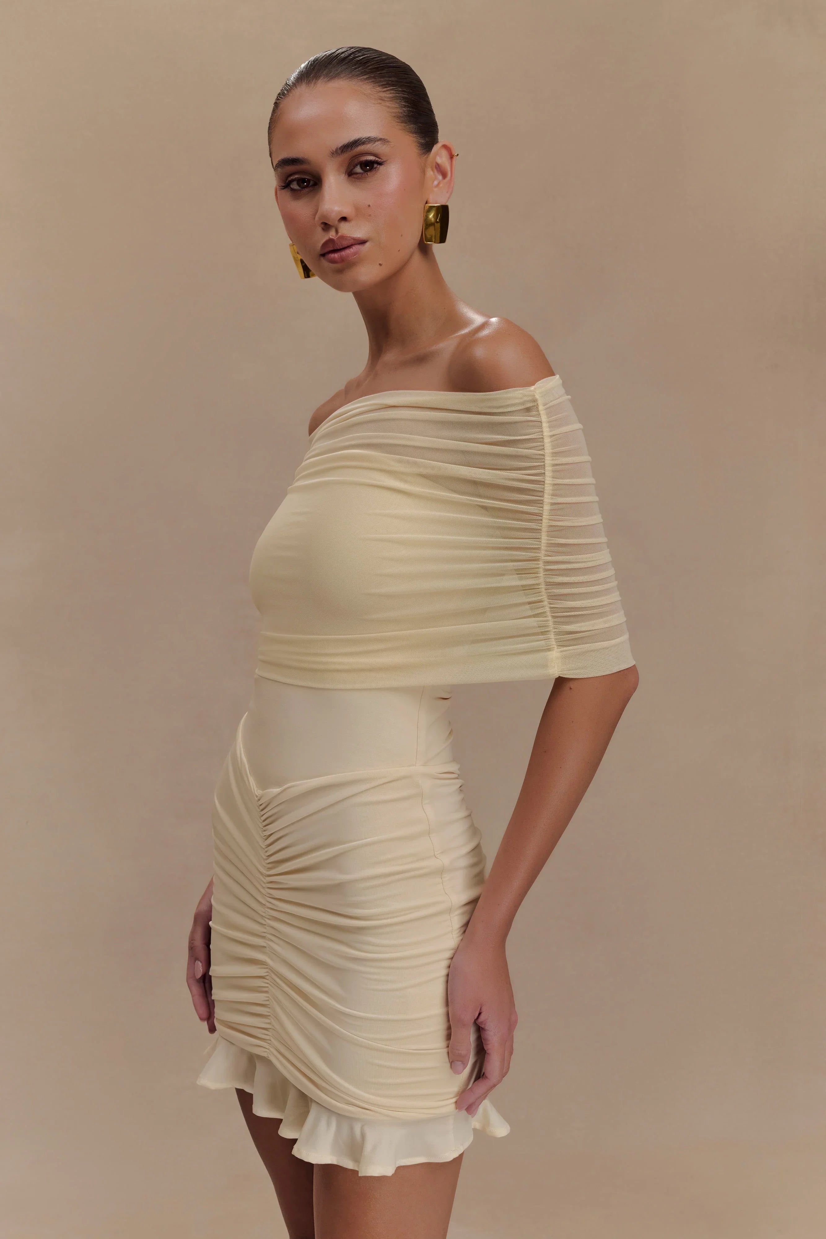 Caspian Slinky And Mesh Off Shoulder Mini Dress Ivory