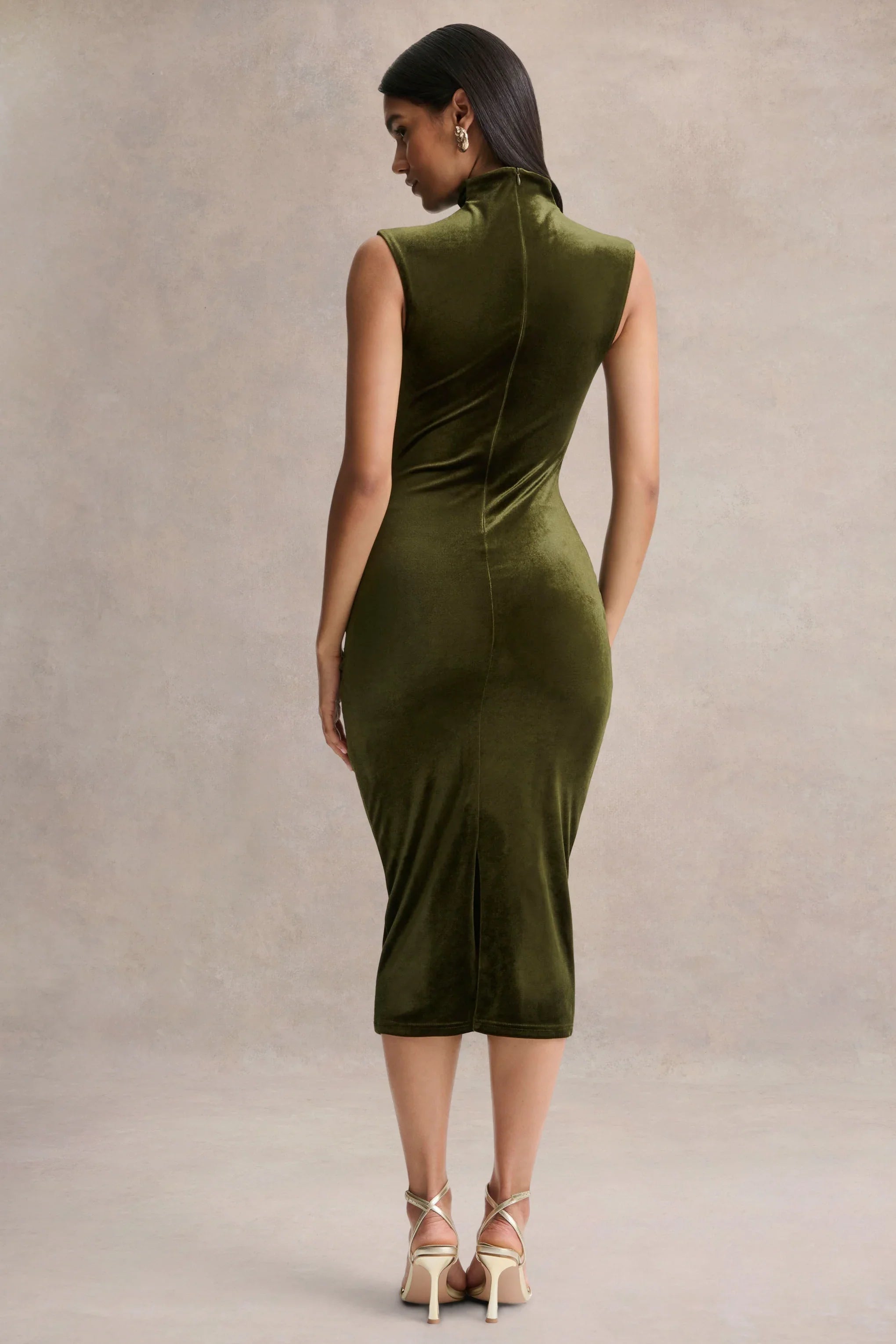 Novine Olive Velvet High Neck Midi Dress